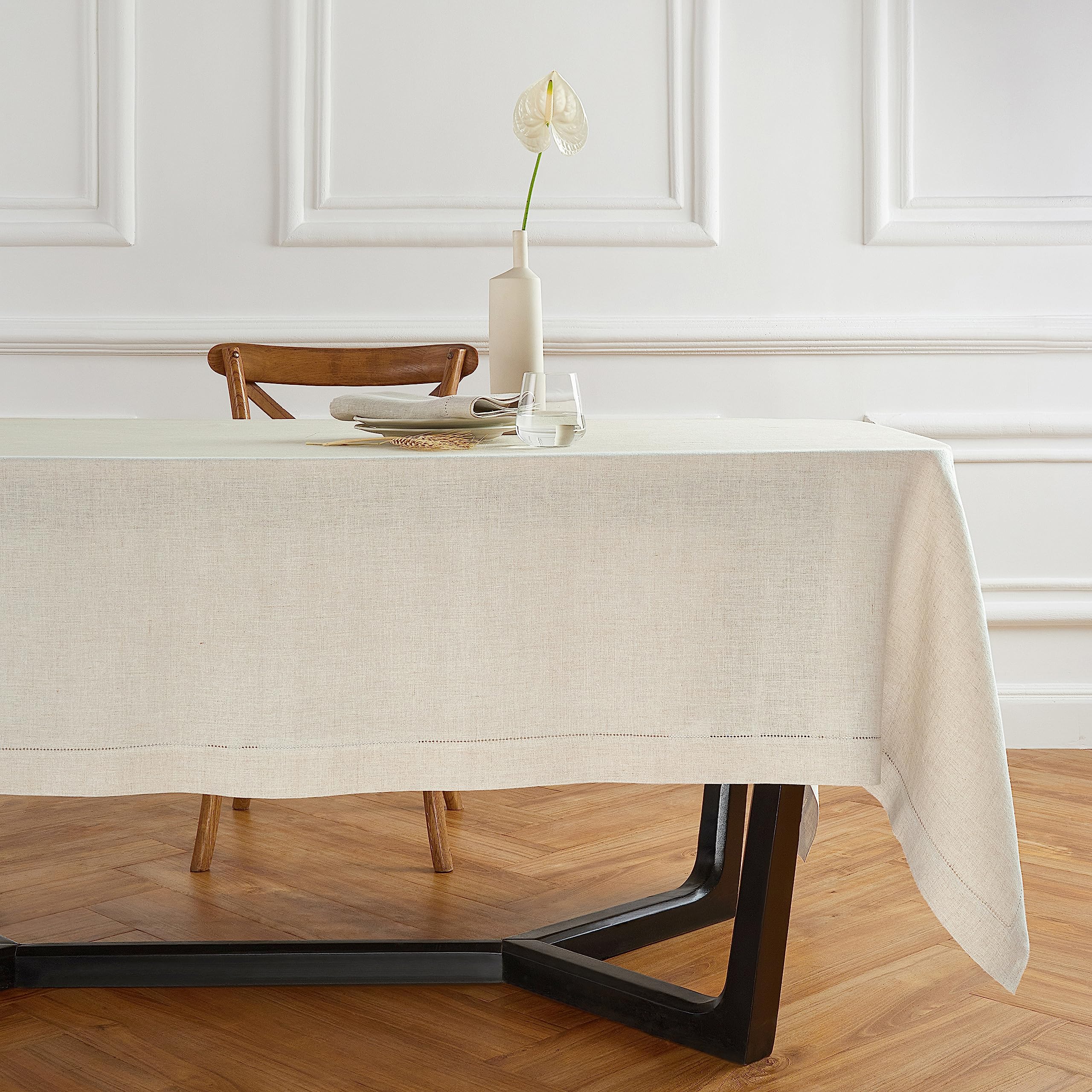 Solino Home Flax Linen Tablecloth 132'' L X 70'' W Inch - Sonoma Hemstitch 100% Pure Linen Prewashed Table Cloth For Rectangle T
