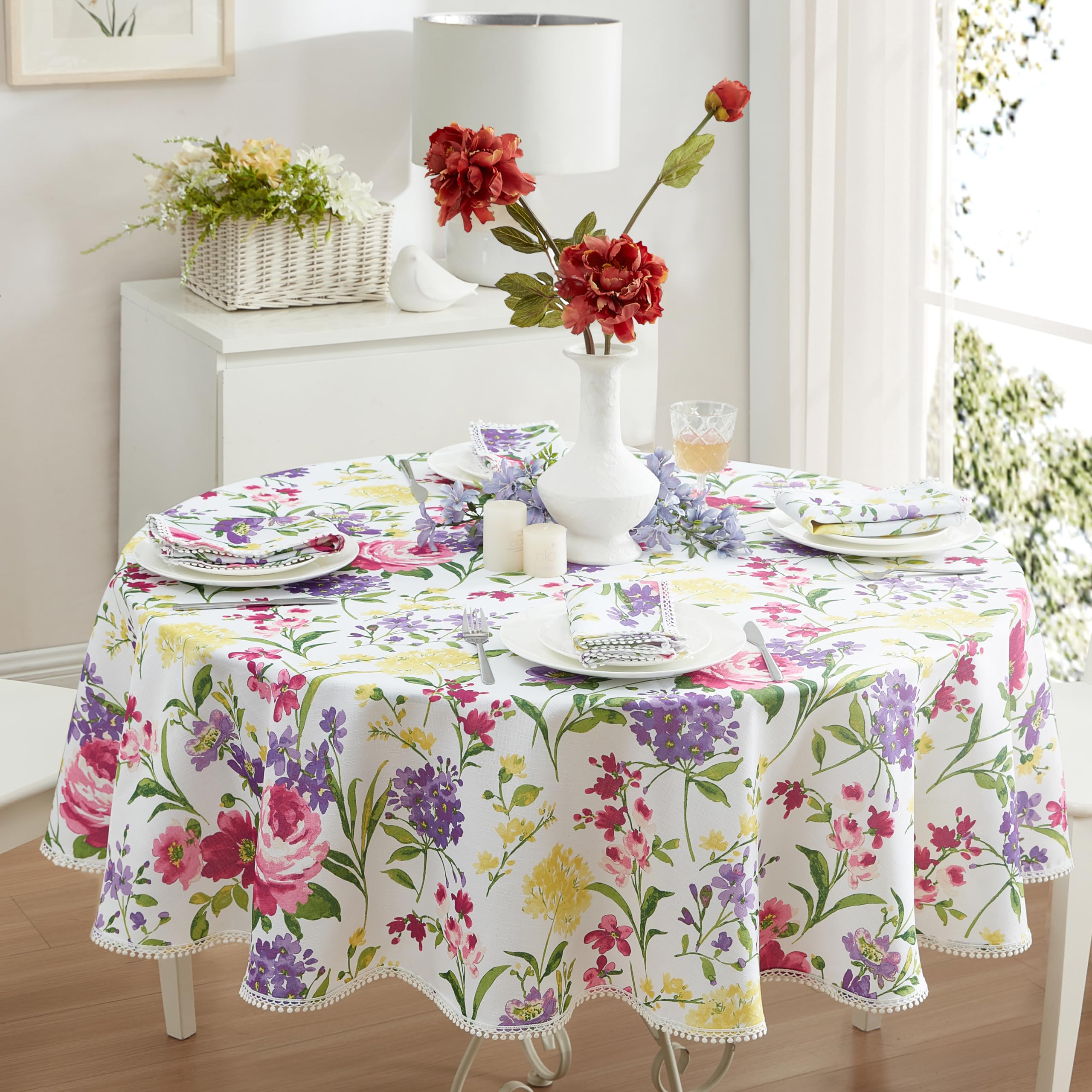 Newbridge Round Fabric Tablecloth, 70 Inch, Summer Sophia Pom Pom Fringe, Wrinkle And Stain Resistant Pink And Purple Floral Tab