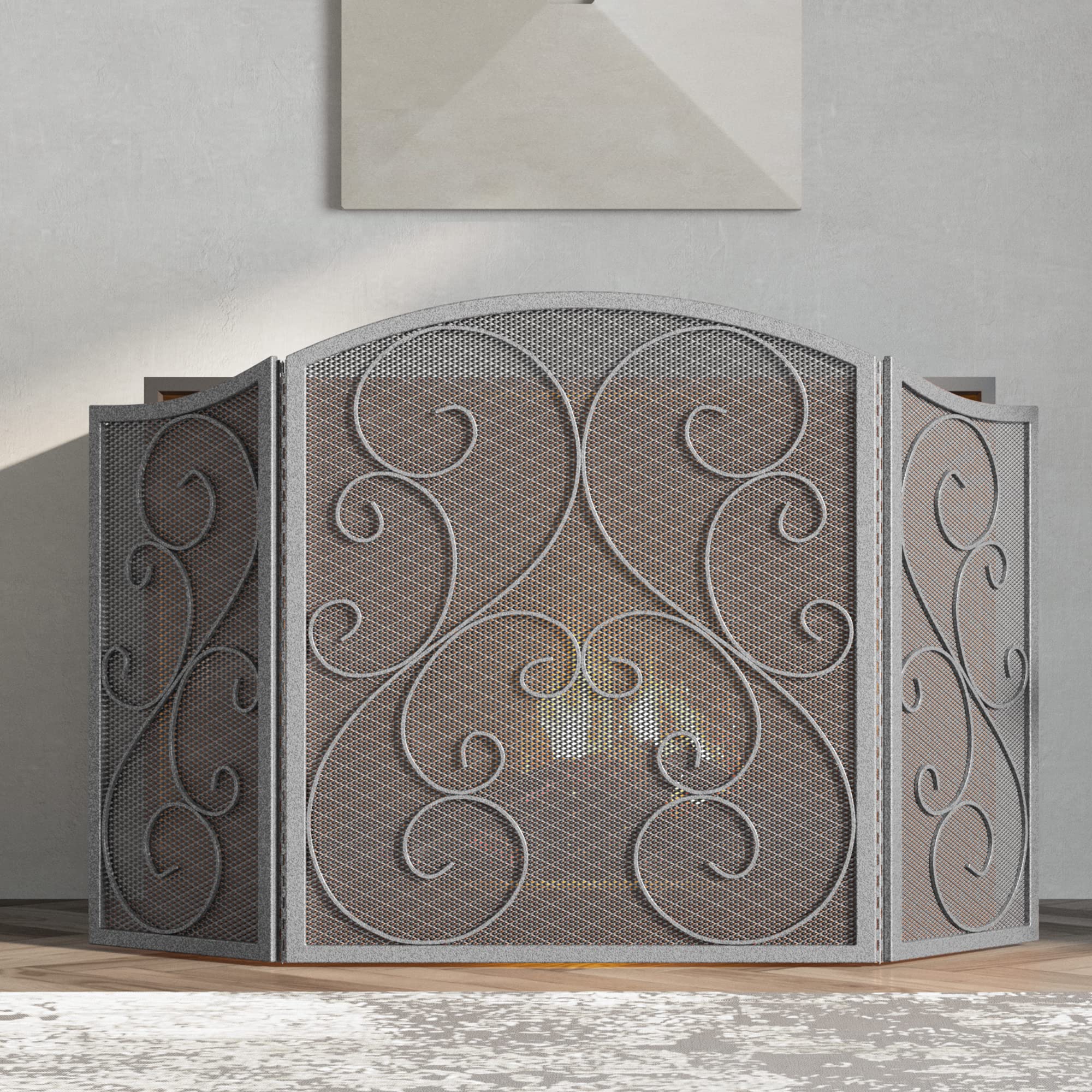 Fire Beauty Fireplace Screen 3 Panel Wrought Iron Metal 48 ''(L) x30(H) Spark Guard Cover(Pewter)