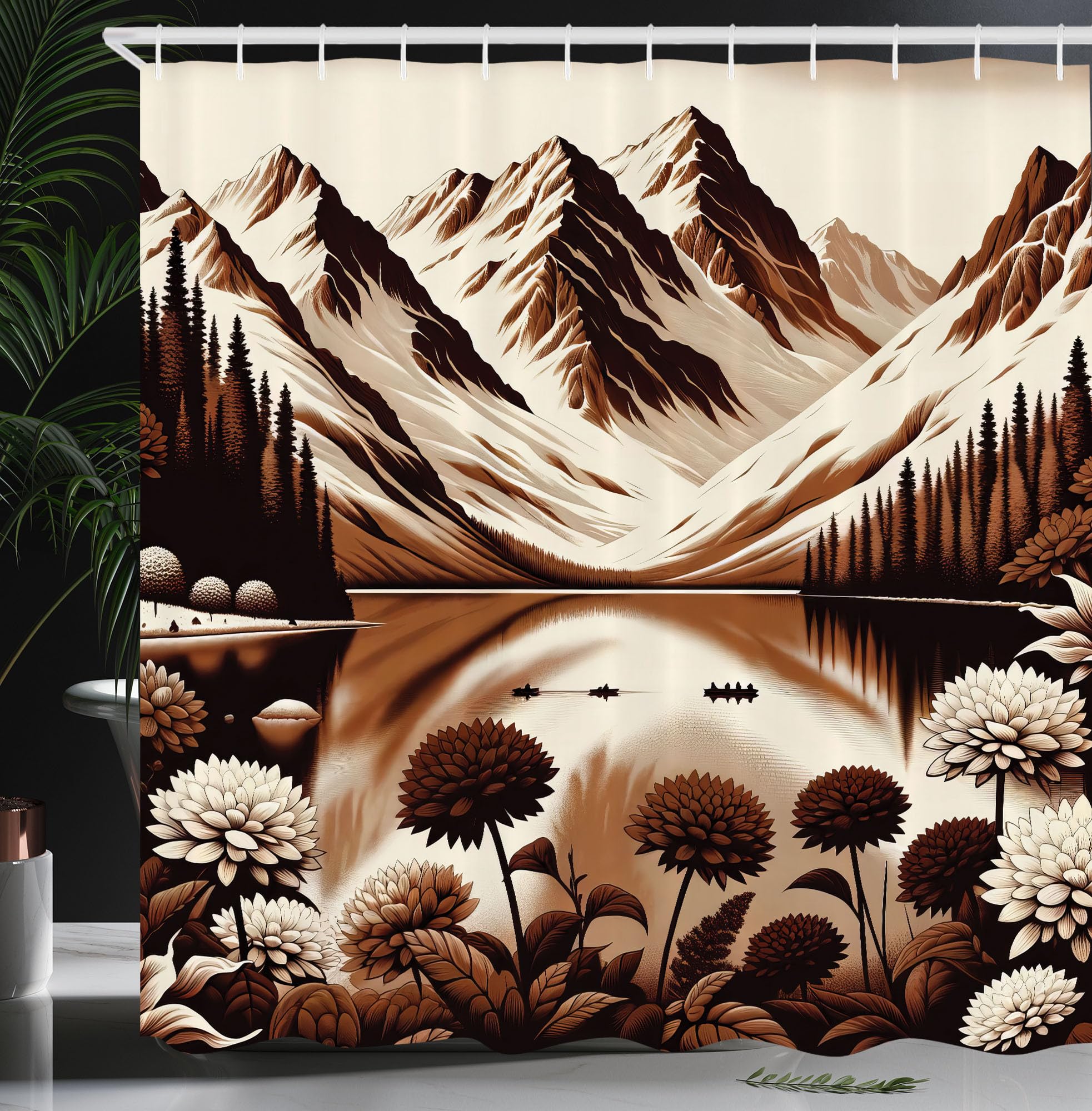 Ambesonne Lake Shower Curtain, Brown Tones Artwork Of Snowy Mountain Scenery With Flowers Darkened Woods, Cloth Fabric Bathroom