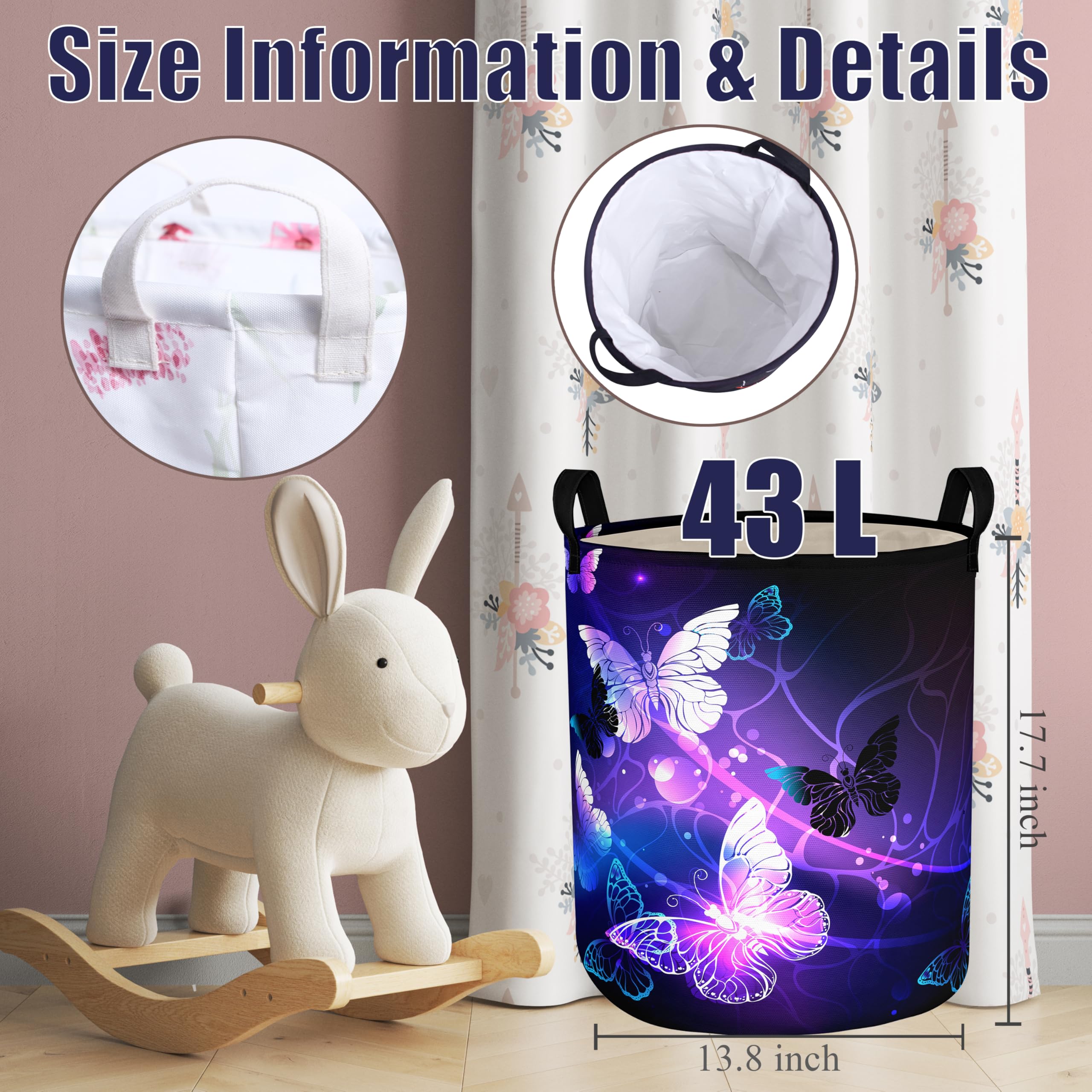 Purple Butterfly Laundry Basket Foldable With Handles Tote Bag Waterproof Oxford Cloth Funny Laundry Hamper Clothes Storage Buck