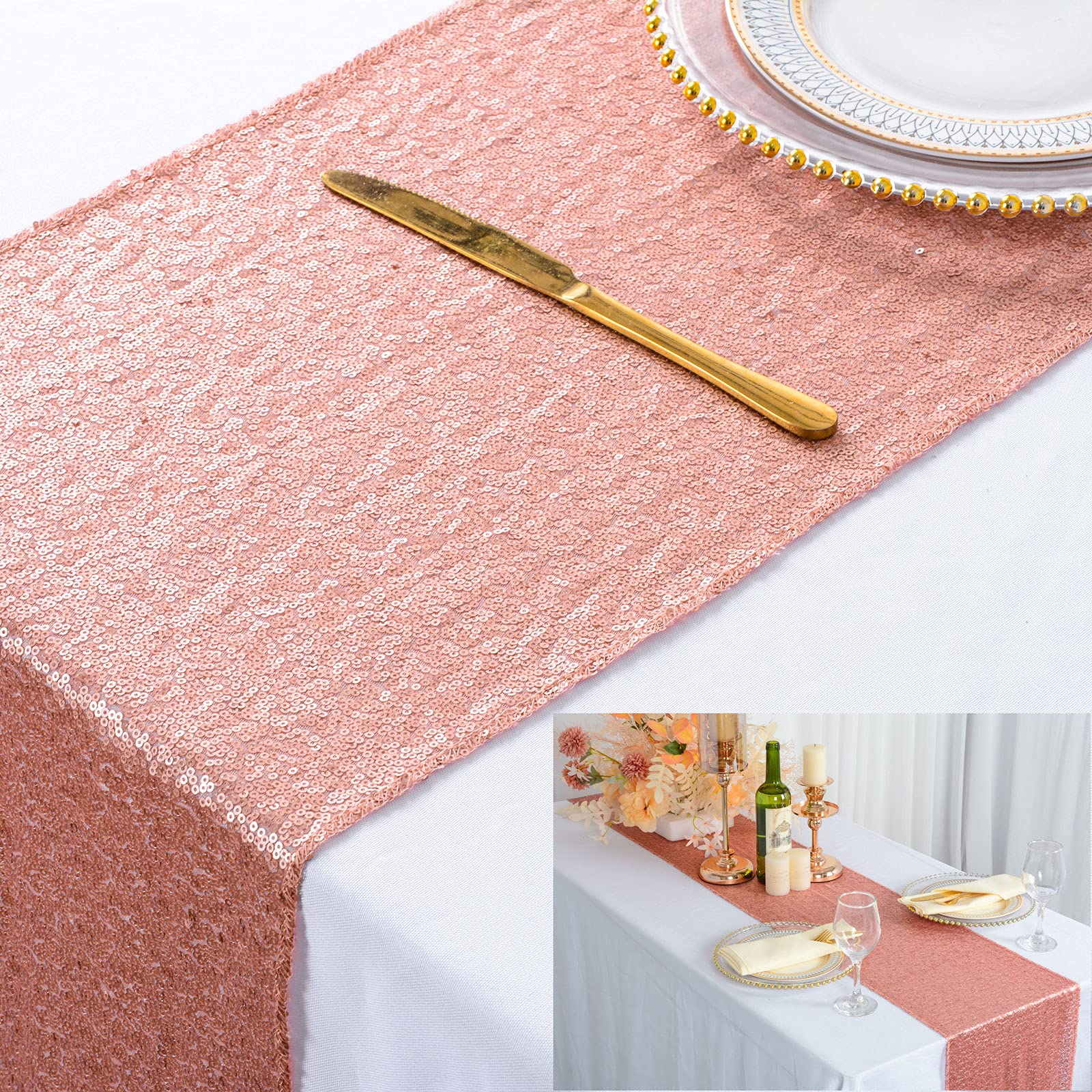 Shidianyi 12''X72'' Blush Sequin Table Runner Sparkly Metallic Sequins Runners For Wedding Party Dinner Reception Pink Baby Show