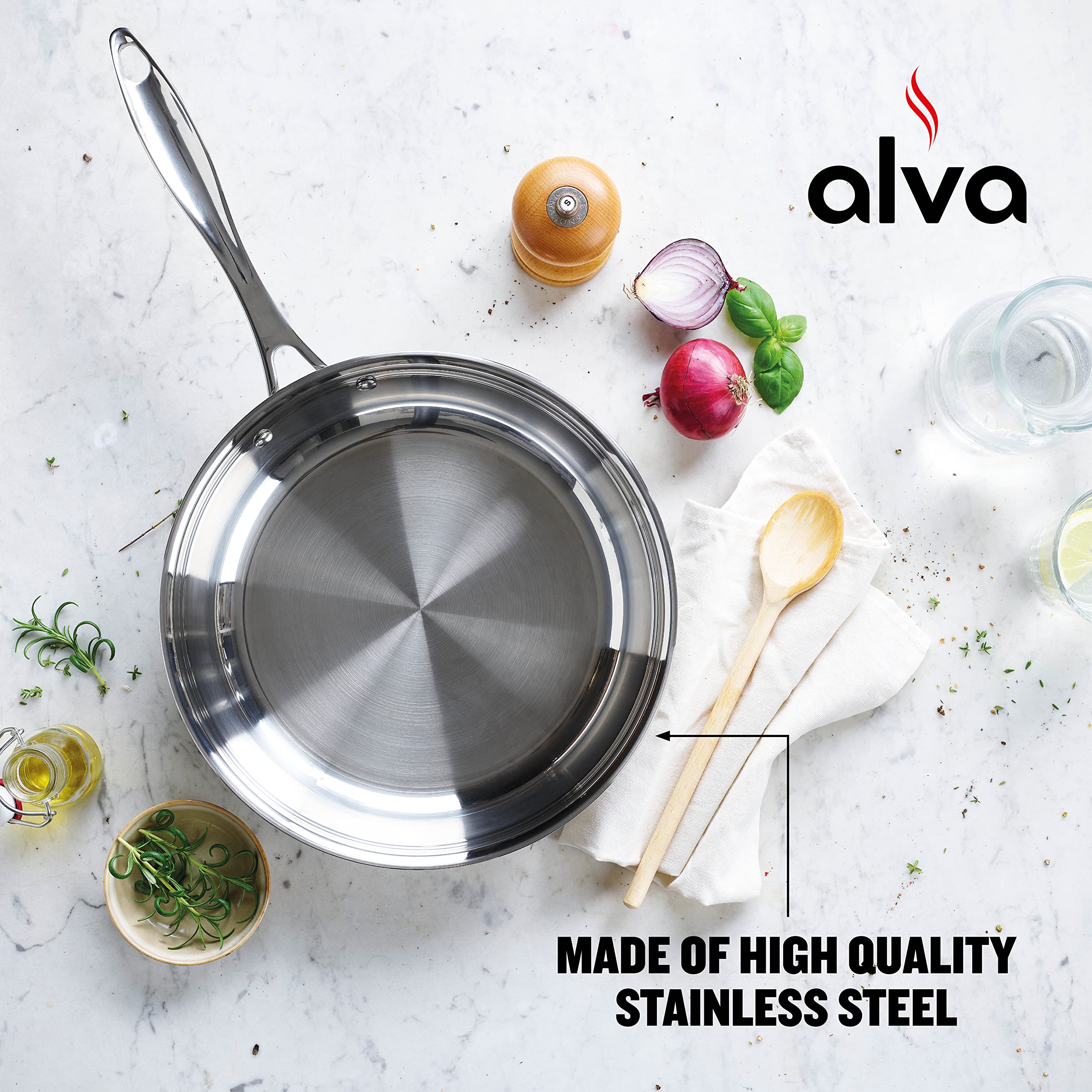 Alva Chef - Stainless Steel Frying Pan Skillet - Versatile Cooking Pan - Induction Cookware, Electric Skillet, Non-Toxic Cookwar