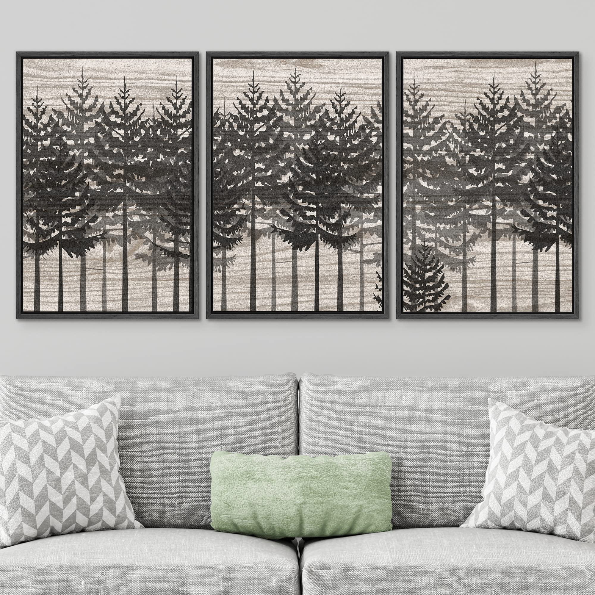 Signwin Framed Canvas Print Wall Art Set Dark Pine Tree Forest Silhouette Collage Nature Wilderness Wood Panels Modern Art Relax