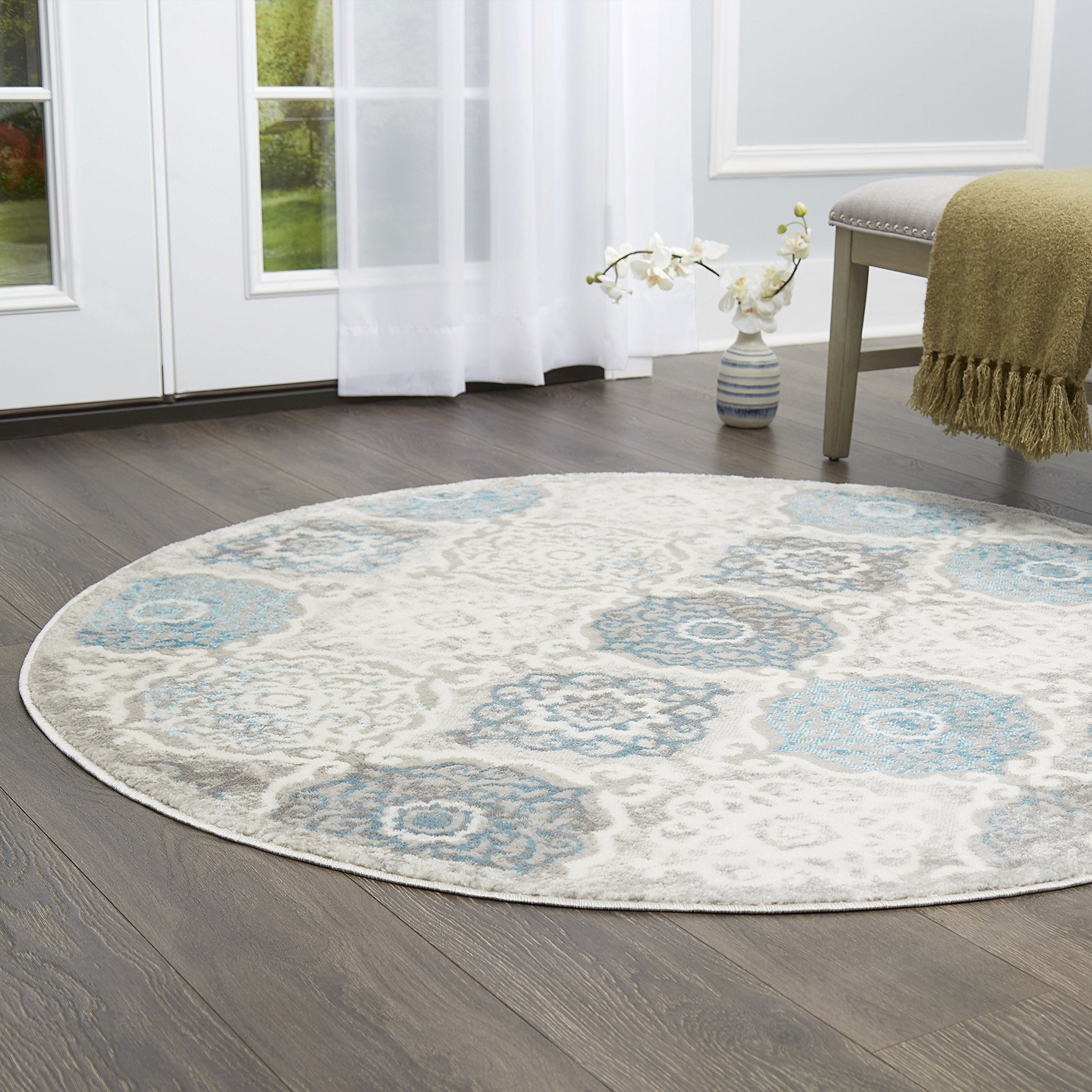 Home Dynamix Boho Andorra Transitional Damask Area Rug, Grey/Blue, 52 Round
