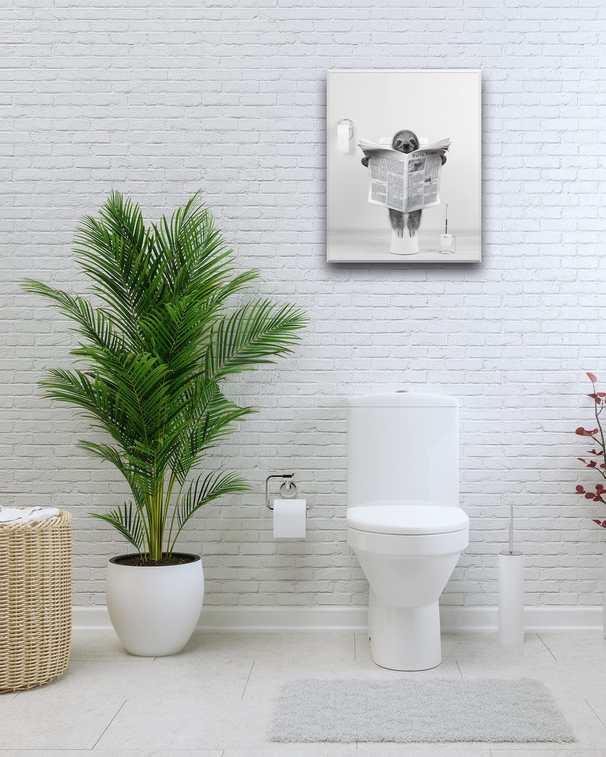Upwoigh Bathroom Wall Art,12X16In Black And White Sloth Wood Wall Decor,Animal Reading Newapapers Abstract Prints For Bedroom Cl