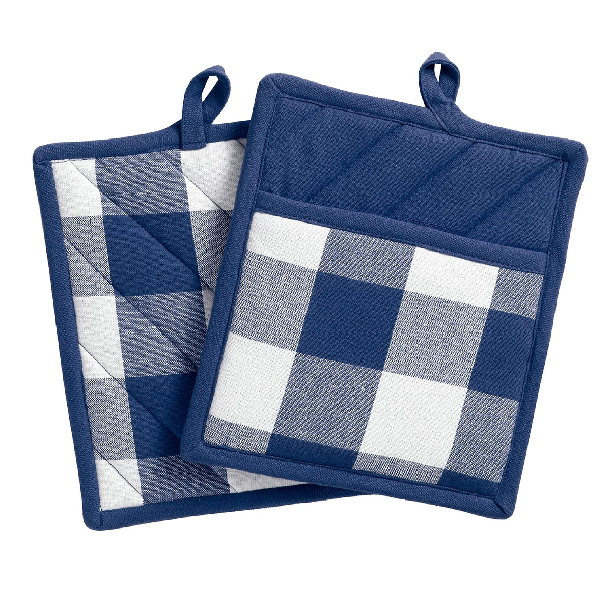 Elrene Home Fashions Farmhouse Living Buffalo-Check Pot-Holder Set, Rustic Pot Holders For Kitchen, Set Of 2, 8'' X 9'', Blue/Wh
