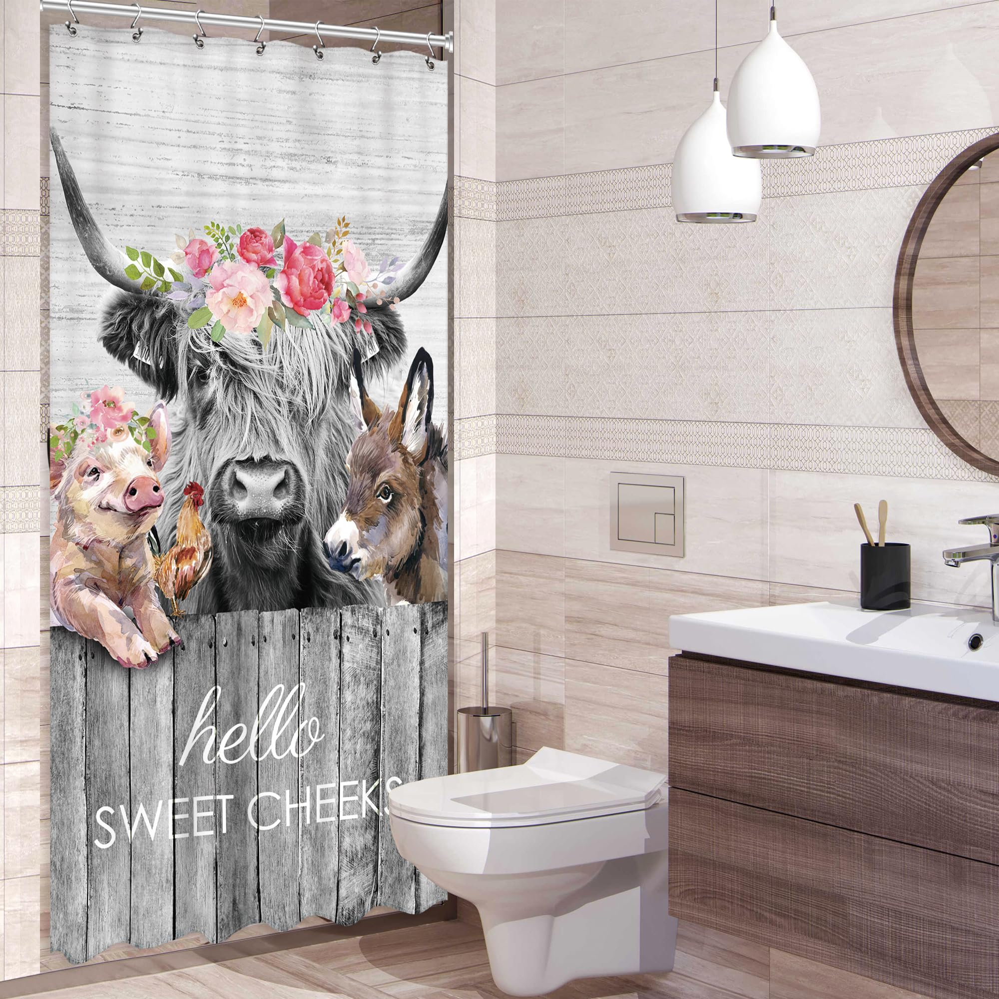 Newsely Small Stall Rv Farmhouse Highland Cow Shower Curtain 36Wx72H Inch Narrow Single Funny Rustic Western Animal Shower Curta