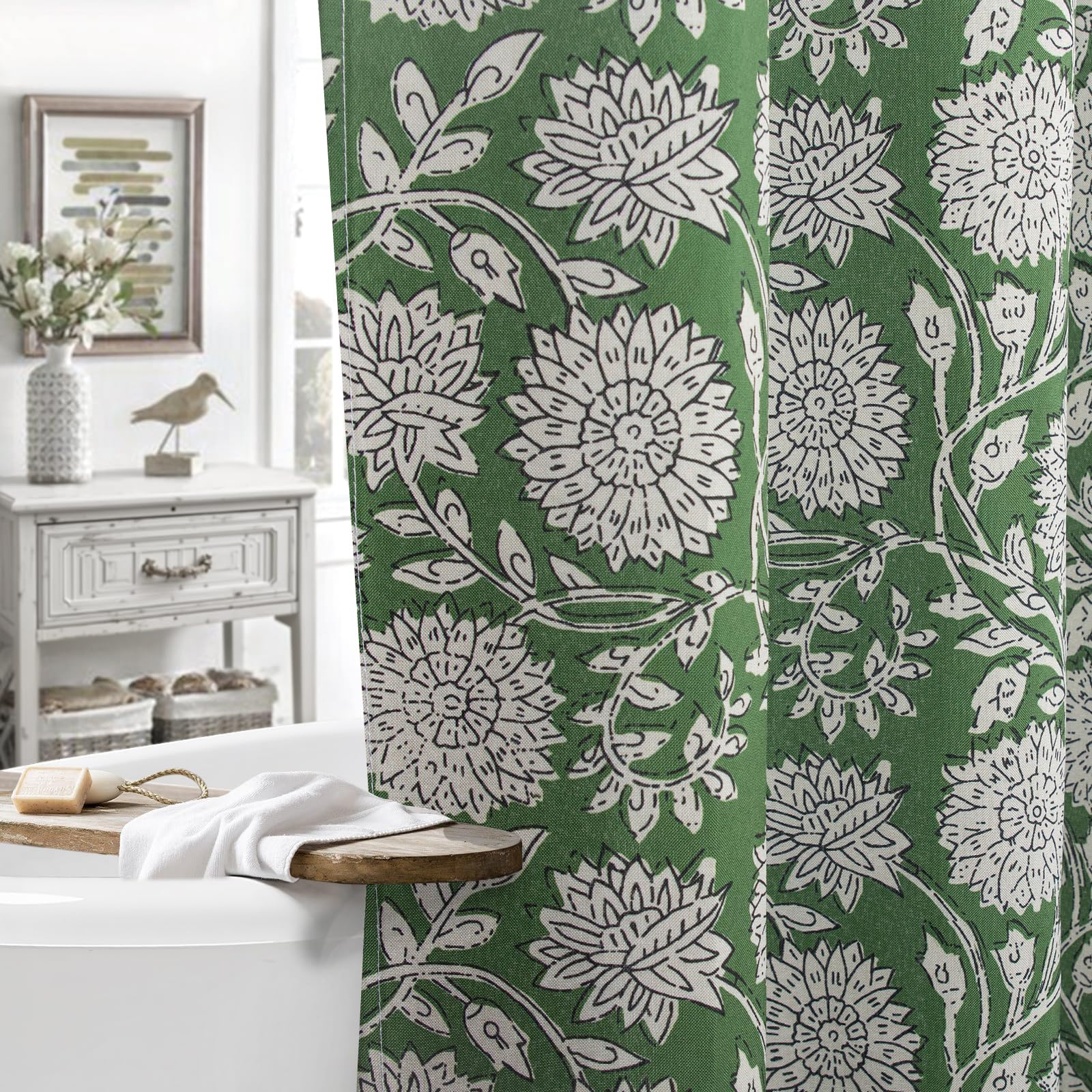 Muginyu Vintage Sage Green Floral Shower Curtain -72X72 Inches, Linen Blend Fabric, Botanical Block Print For A Boho Aesthetic C