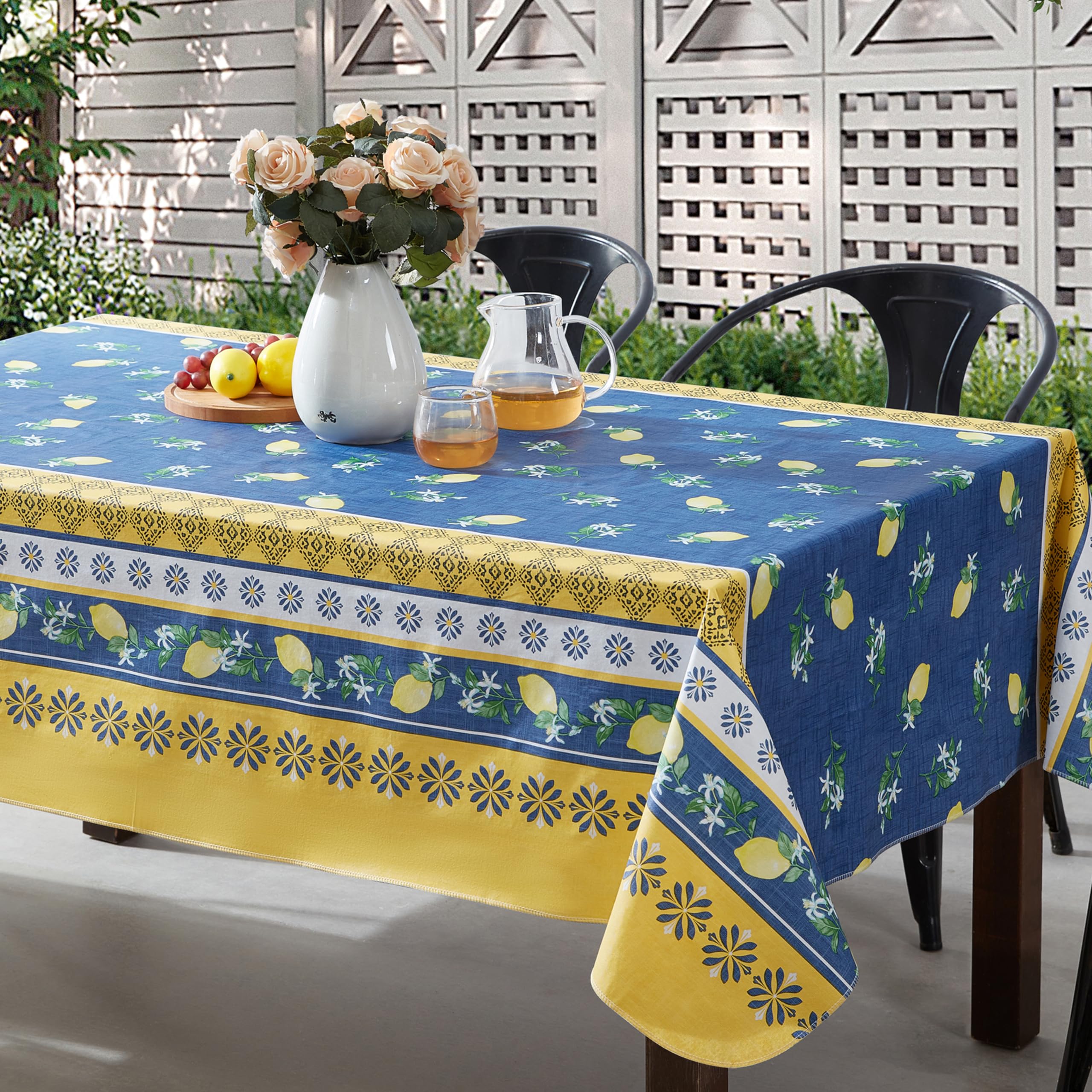 Home Bargains Plus Square Vinyl Tablecloth With Flannel Backing, 52 X 52 Inch, French Country Lemon Grove, Yellow And Blue Lemon