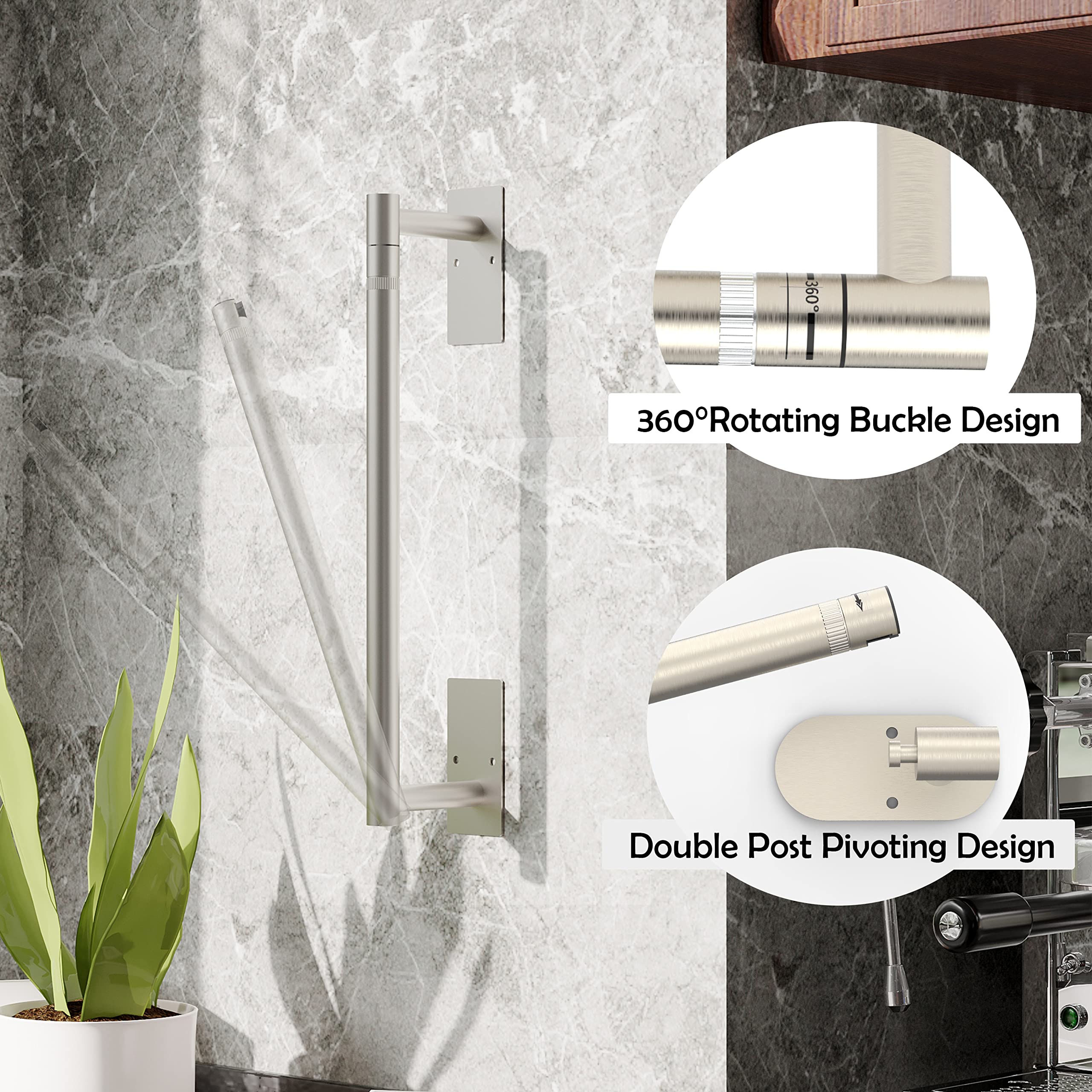 Ruacq Brushed Nickel Paper Towel Holder Self Adhesive Double Post Pivoting Round Base Under Cabinet Paper Towel Holder For Kitch