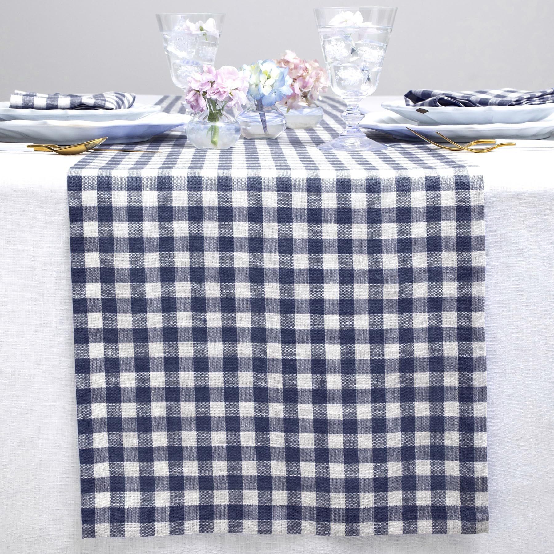 Solino Home Check Linen Table Runner 48 Inch - 100% Pure Linen Navy Plaid Table Runner 14 x 48 Inch Ideal for Dresser and Coffee