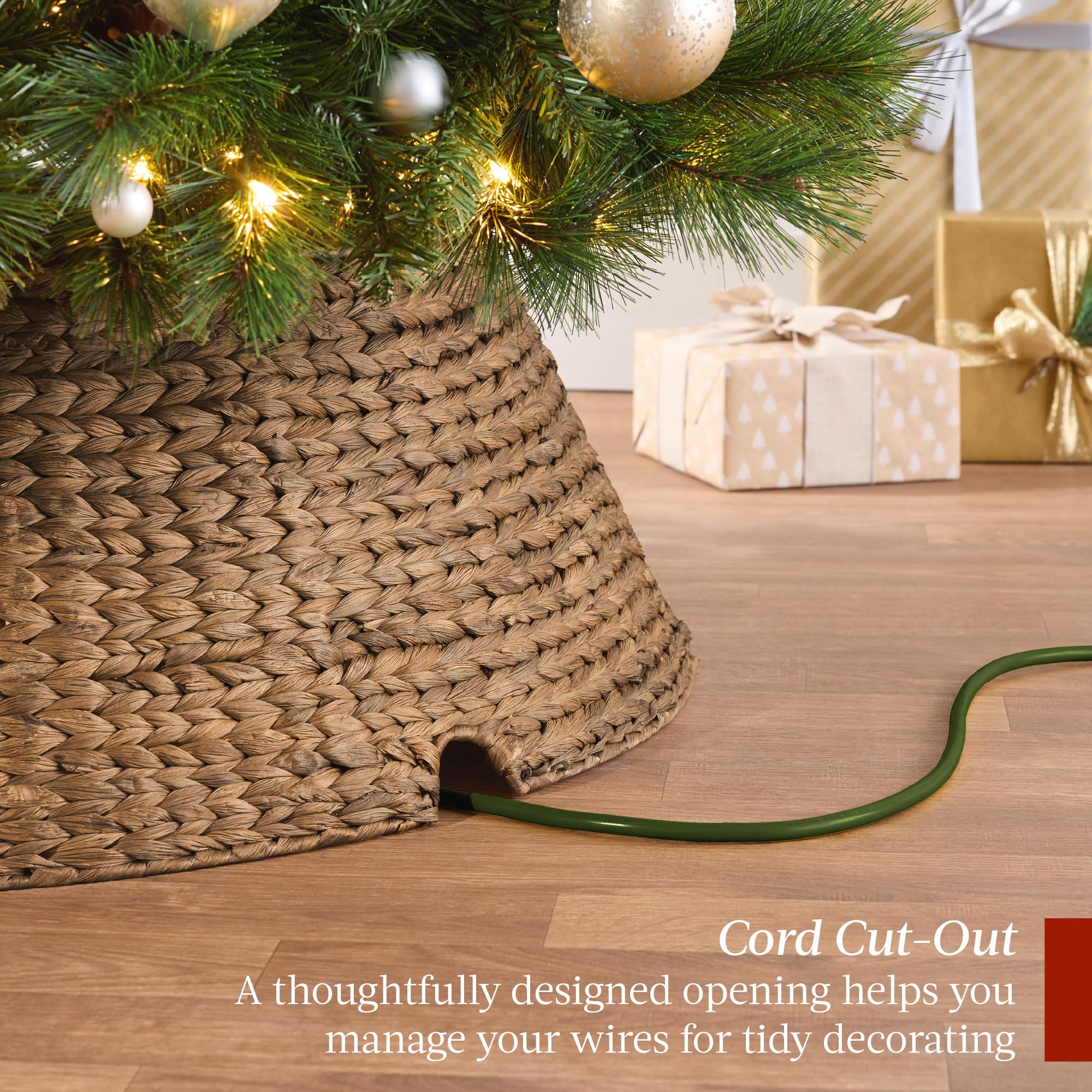 Best Choice Products 42in Christmas Tree Collar, Woven Hyacinth 4-Piece Holiday Rattan Tree Skirt Accessory for Home w/Cord Cut-