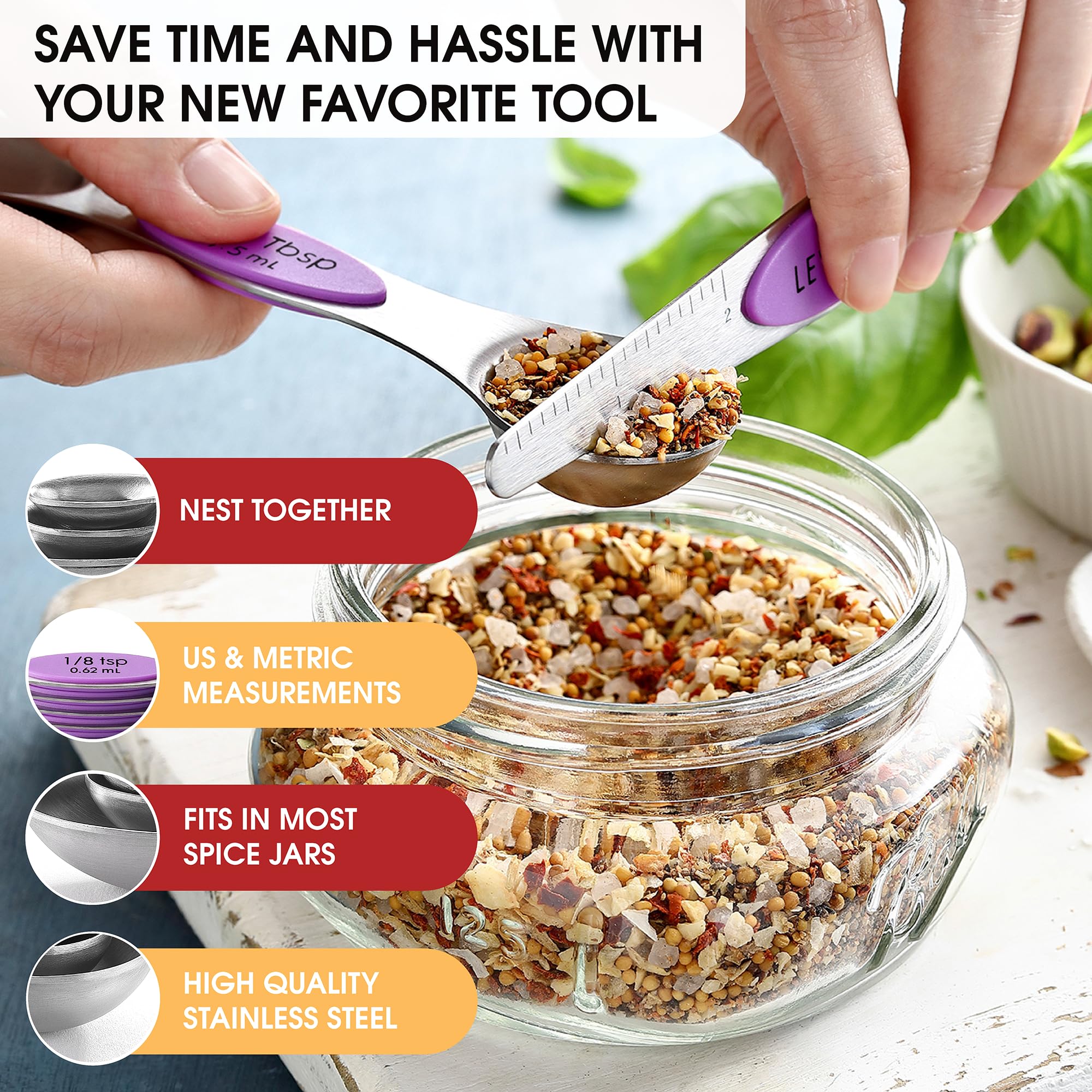 Spring Chef Magnetic Measuring Spoons Set, Dual Sided, Stainless Steel, Fits In Spice Jars, Orchid, Set Of 8, 2 Pack