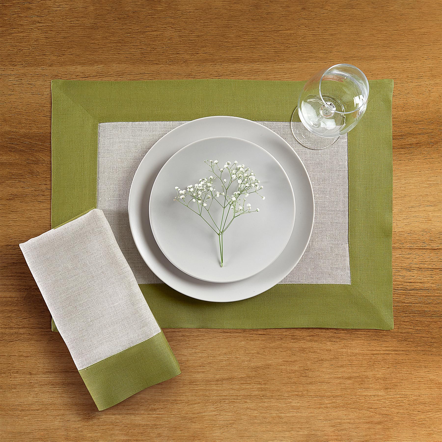 Solino Home Linen Placemats Set Of 4-100% Pure Linen Cloth Fabric Placemats Avocado And Natural - 19'' L X 14'' W Inch Washable