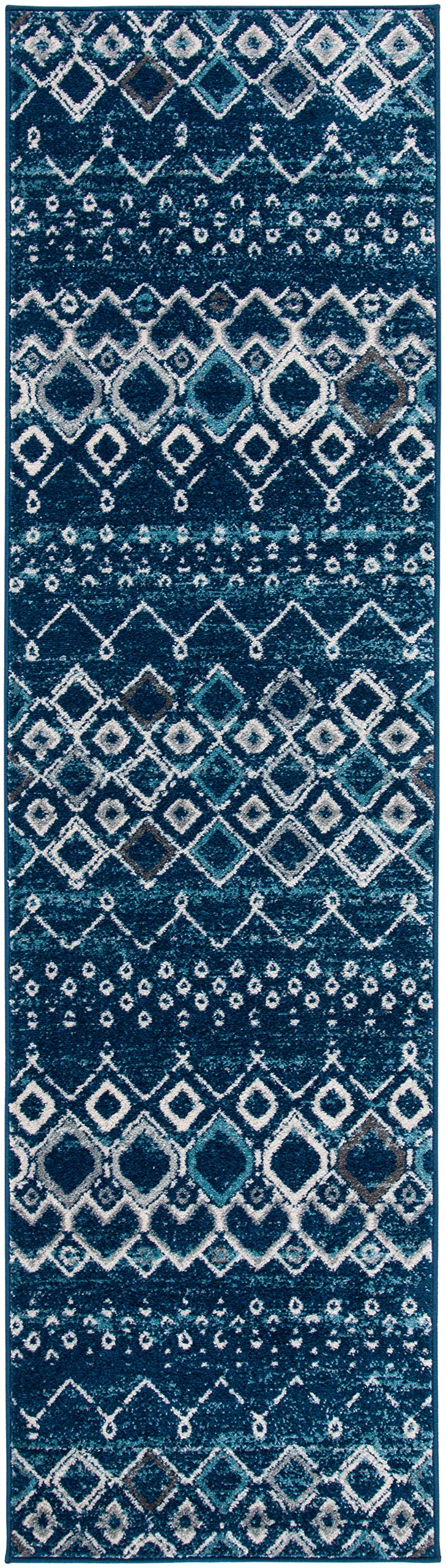 SAFAVIEH Amsterdam Collection Runner Rug - 23 x 14, Navy & Beige, Moroccan Boho Design, Non-Shedding & Easy Care, Ideal for Hi