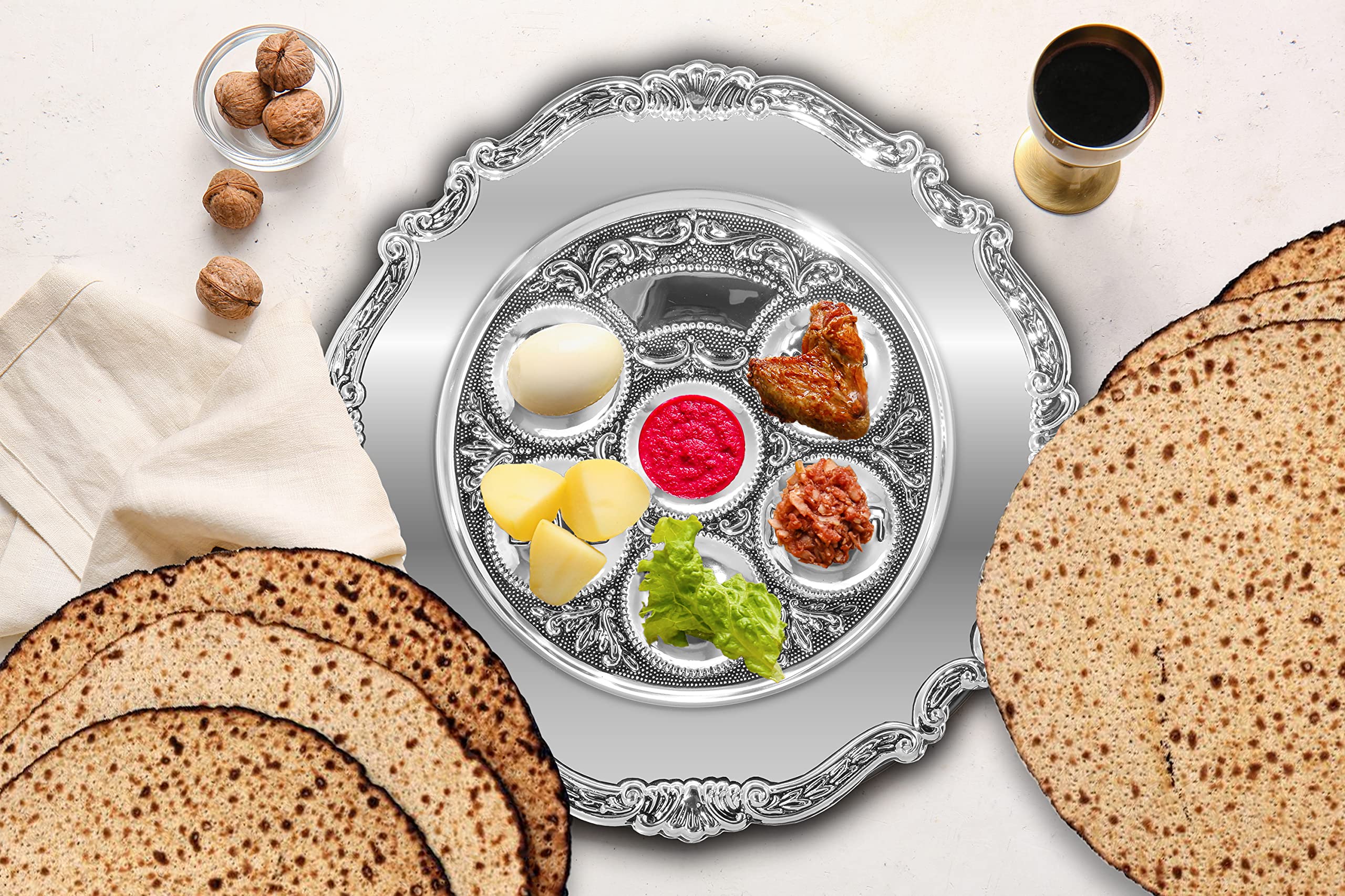 Ner Mitzvah Silver Plated Passover Seder Plate - Traditional Judaica Passover Seder Plate - Kaarah Shallow Traditional Design La