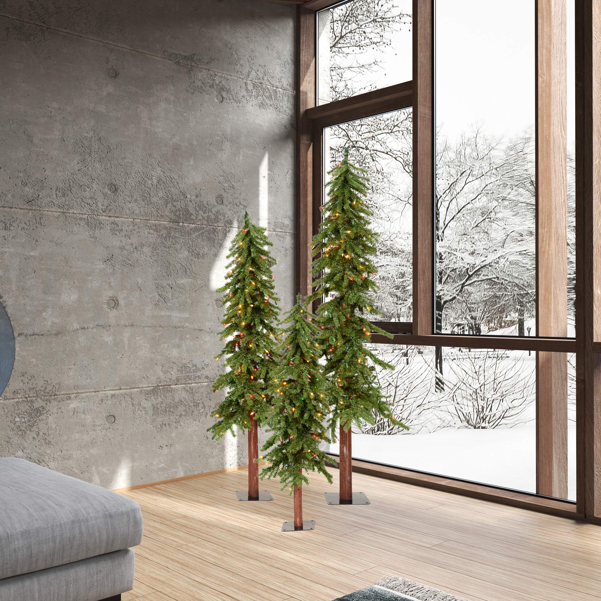 Vickerman 4' 5' 6' Natural Alpine Artificial Christmas Tree Set - Multi-Colored LED Lights - Faux Christmas Tree Set - Seasonal