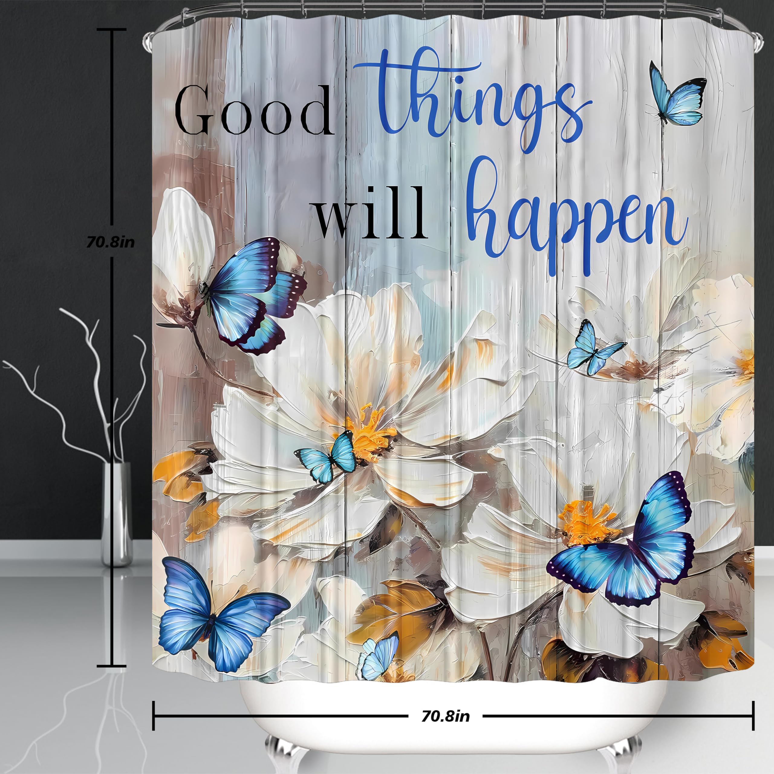 Pretyw 4 Pcs Romantic Blue Butterfly Shower Curtain Set White Flowers Bathroom Sets Modern Home Bathroom Decor With Rugs And Toi