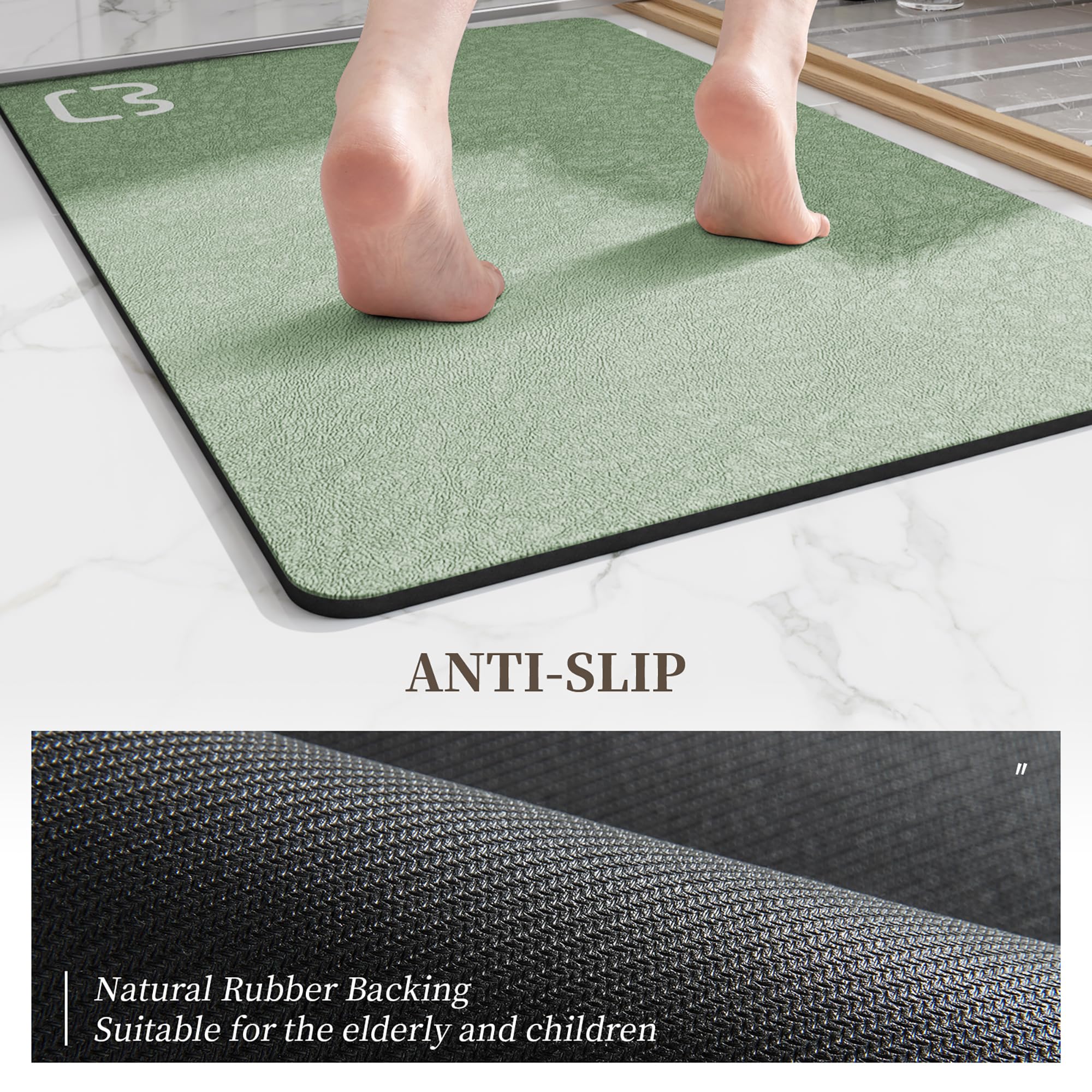Ruerya Sage Green Bath Mat 15.7''X47.2'' Extra Long Bathroom Mat Large Fast Dry Super Absorbent Non-Slip Rubber Backed Shower Ma