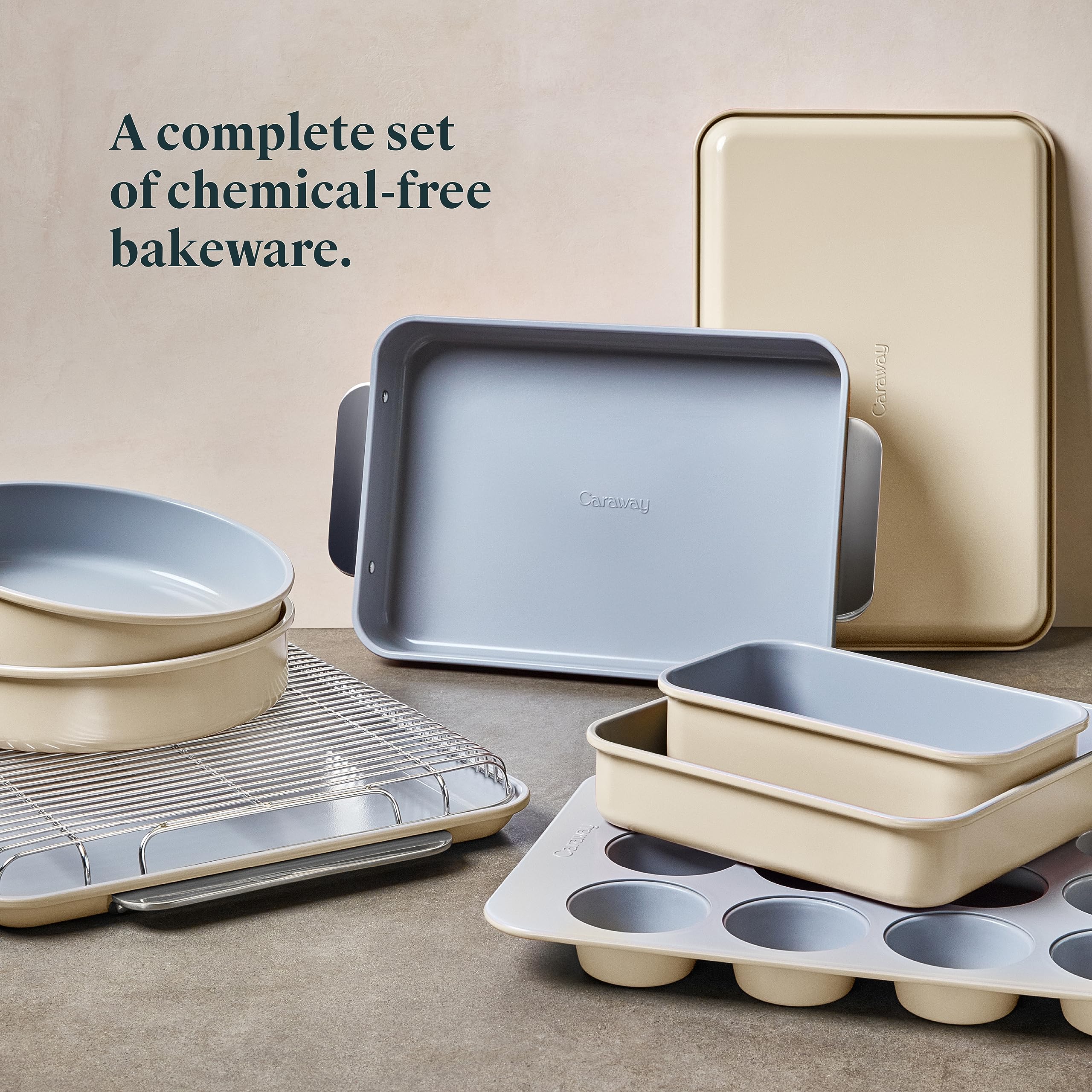 Caraway Nonstick Ceramic Bakeware Set (11 Pieces) - Baking Sheets  Assorted Baking Pans  Cooling Rack  & Storage - Aluminized Steel Body - Non Toxic  PTFE & PFOA Free - Cream