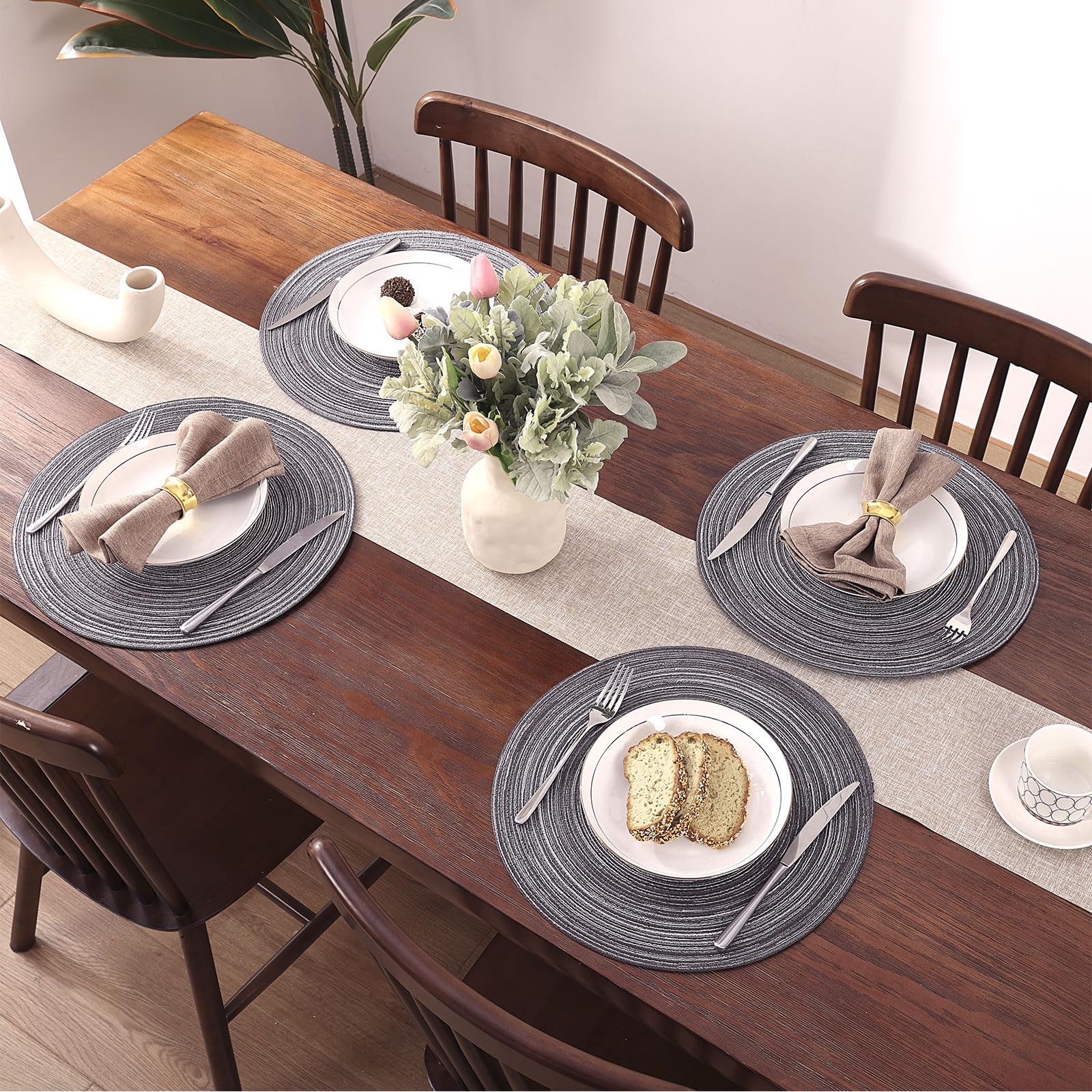 Shacos Round Braided Placemats Set Of 6 Round Table Mats 15 Inch Cotton Washable For Holiday Party (Black Grey, 6)