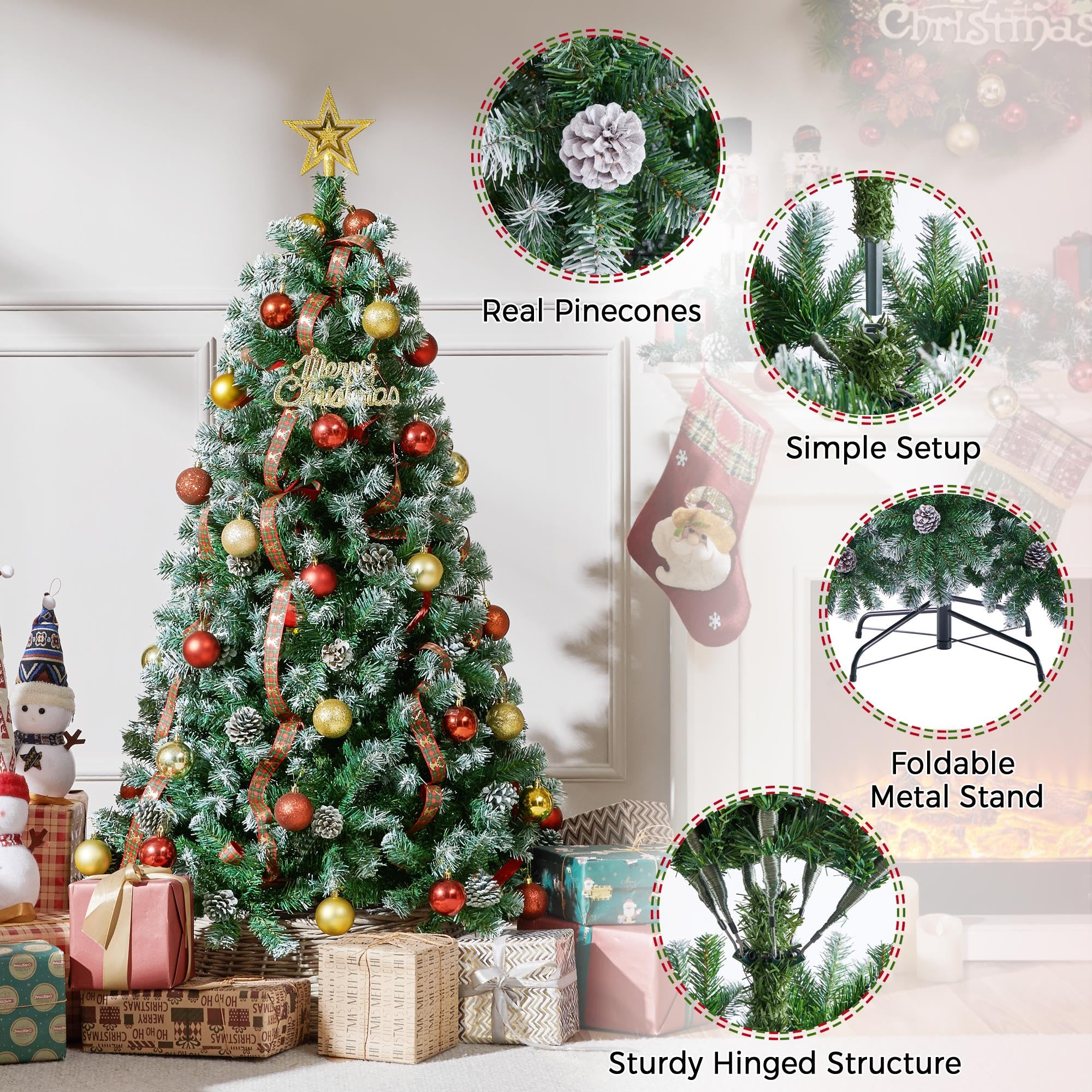Yaheetech 4.5ft Artificial Christmas Tree, Snow Flocked Christmas Tree w/35 Pinecones, 412 Frosted Tips, Pre-Decorated Tree for
