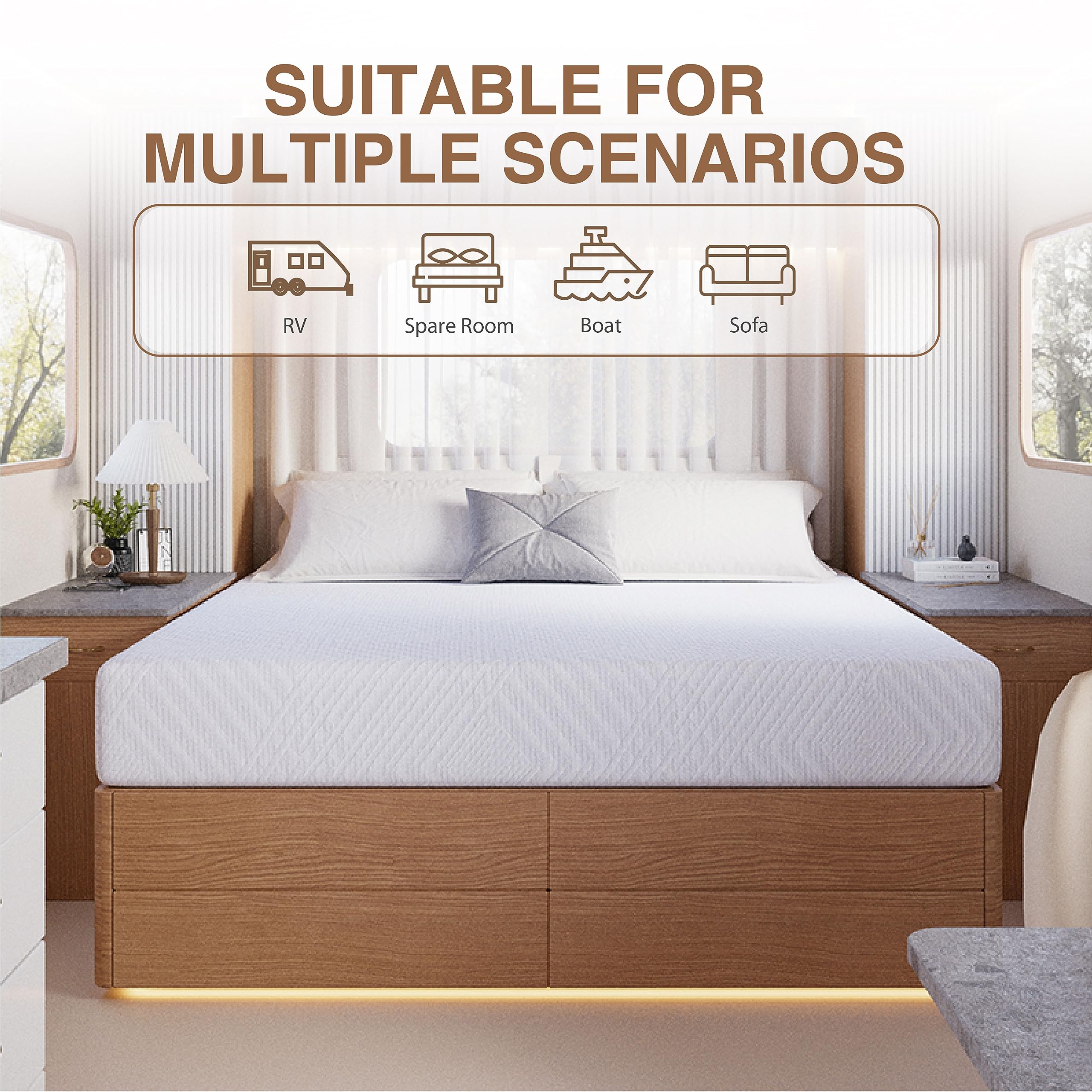 Dyonery Rv Mattress Short Queen, 8 Inch Memory Foam Camper Mattress Fiberglass Free Bed In A Box Made In Usa Certipur-Us Certifi