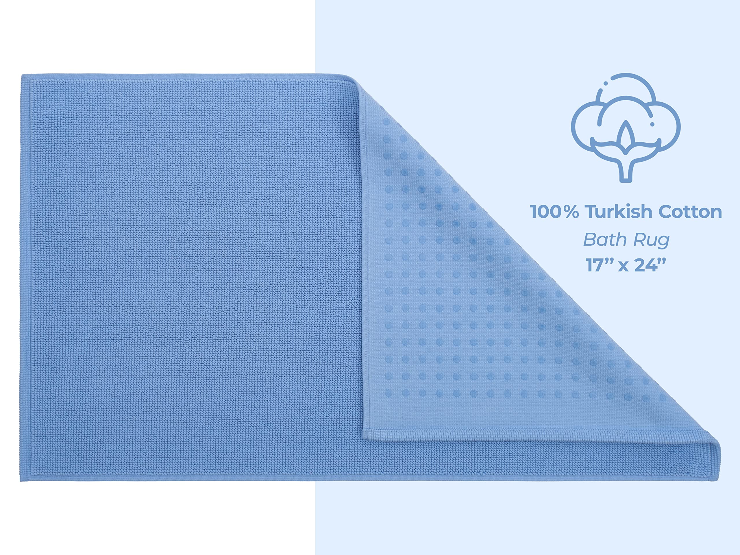 American Soft Linen Bath Rug, 17 In 24 In 100% Cotton Bath Mats Rugs For Bathroom, Non Slip Washable Shaggy Form Area Rugs, Sky