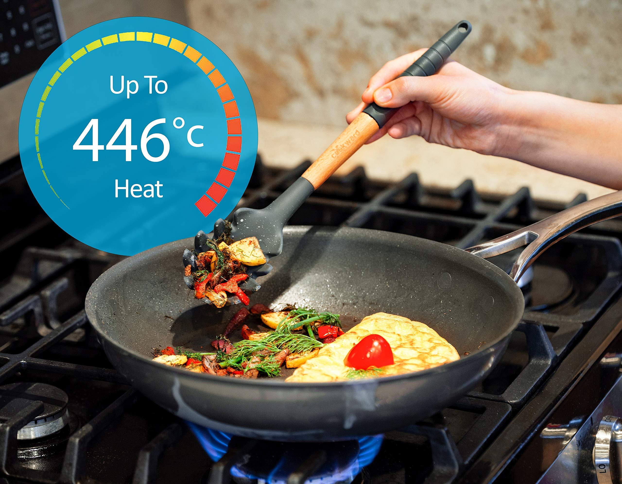 Cookward Silicone Cooking Utensils Set (6 Pcs) Natural Wood Kitchen Utensils - Eco Friendly & Bpa Free, Non-Scratch & Non-Stick