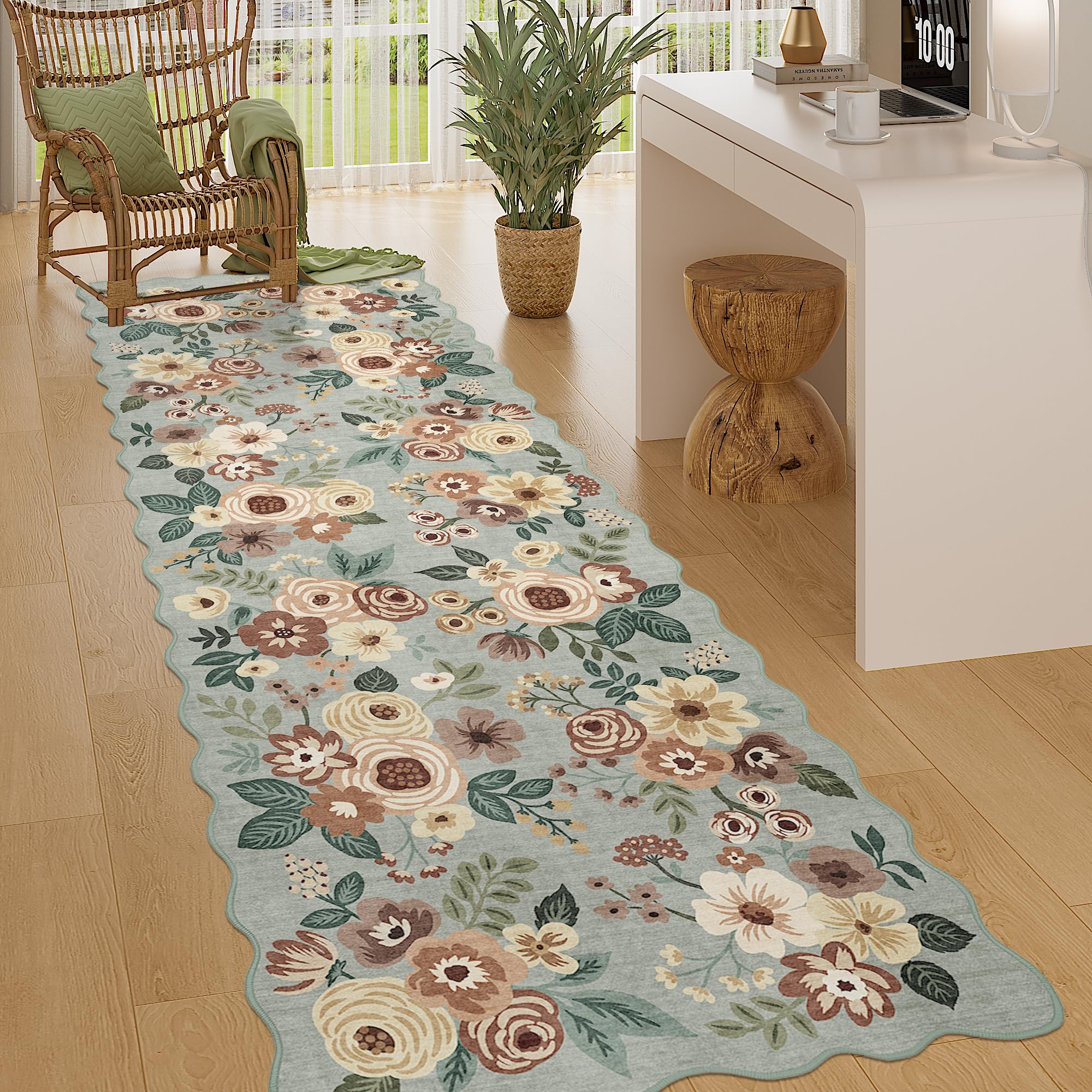 DUKINO 2.6x8 Runner Rug for Hallway, Washable Kitchen Rug with Non Slip Backing & Non-Shediing, Soft Low Pile Floral Design Runn