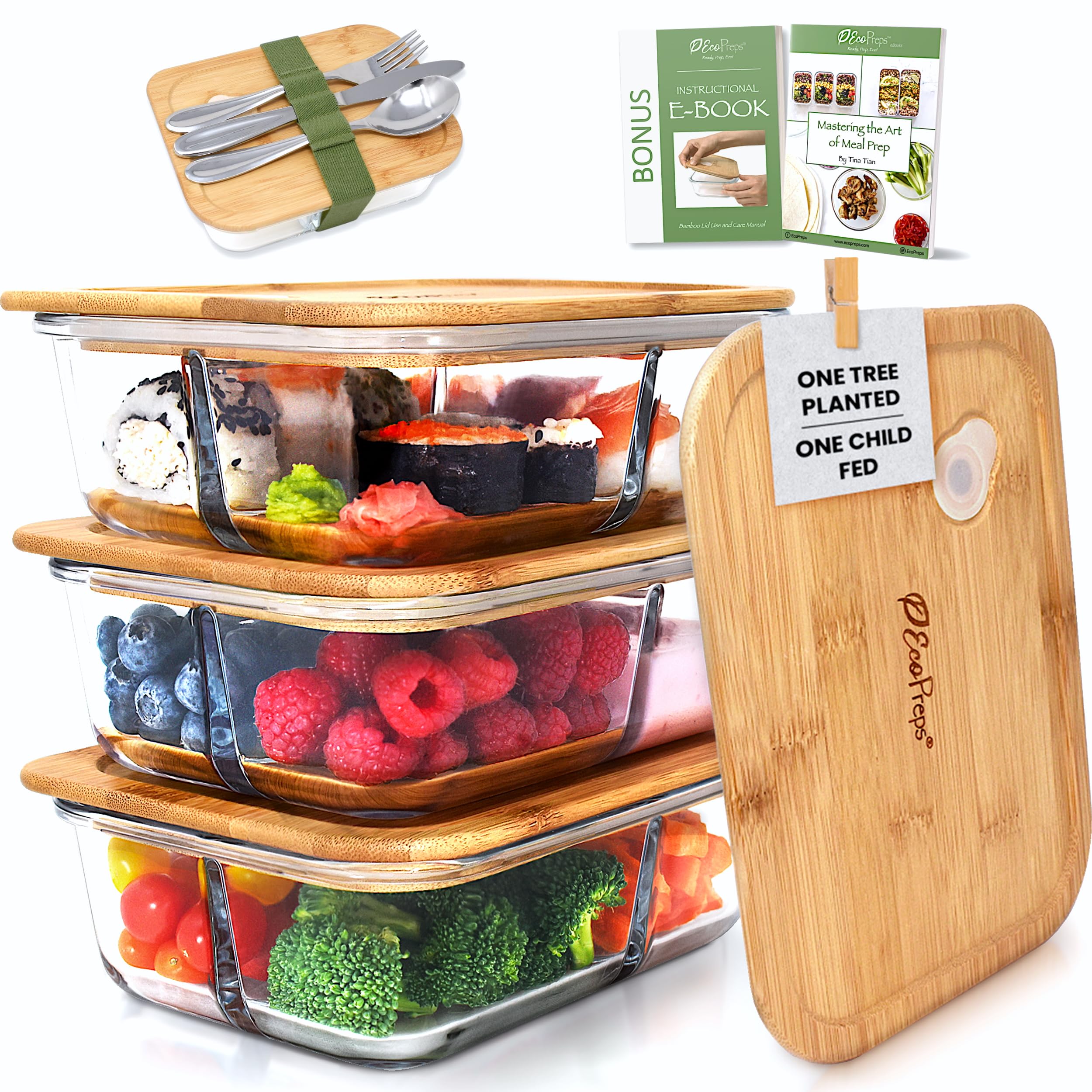 EcoPreps Glass Bento Box Containers with Bamboo Lids, 3 Compartment Glass Meal Prep Containers (3 Pack) - 100% Plastic Free, Eco