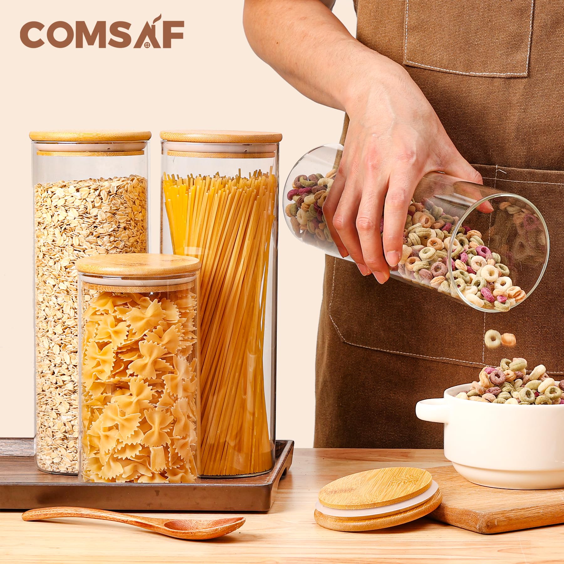 Comsaf Glass Spaghetti Pasta Storage Container With Lids 70Oz Set Of 3, Tall Clear Airtight Food Storage Jar With Bamboo Cover K