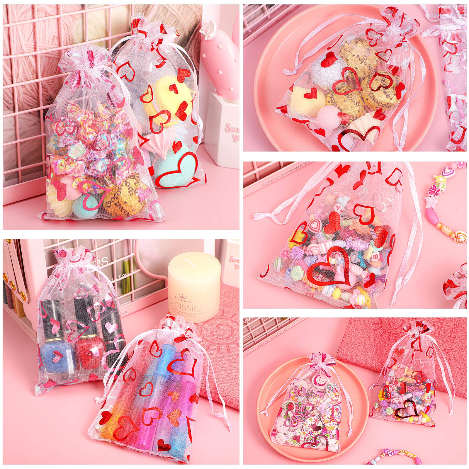 Shappy 100 Pieces Heart Organza Bags with Drawstring Jewelry Pouch Bags Candy Cookies Packaging Bags for Mother's Day Birthday Wedding Festival Party Favor Supply (Red  Rose Red 2.8 x 3.5 Inch)