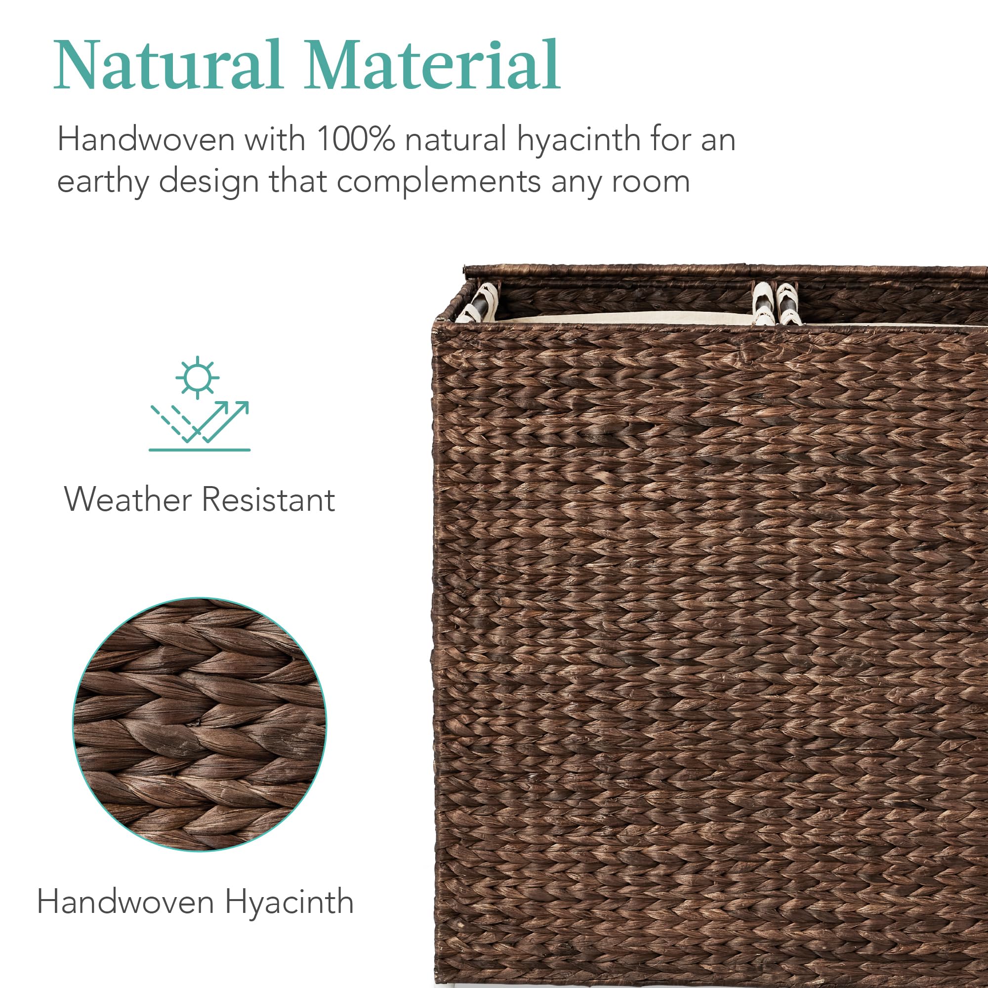 Best Choice Products Large Double Laundry Hamper With Lid, Natural Handwoven Water Hyacinth, 2 Sections W/ 2 Machine Washable Li
