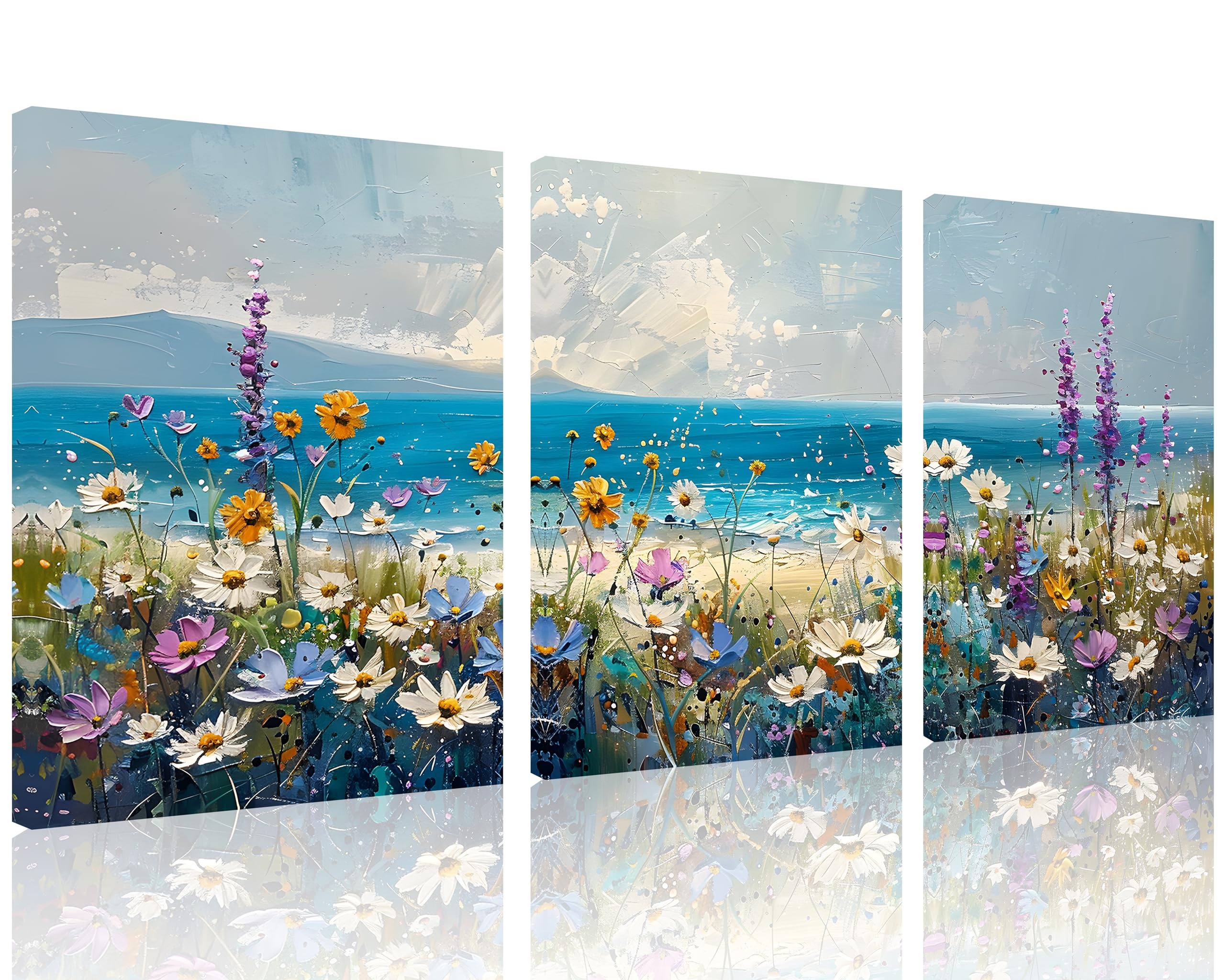 Tutubeer 3 Pcs Boho Beach Coastal Vintage Floral Wall Picture Rustic Wildflower Field Vintage Wall Art Canvas Prints Daisy Flowe