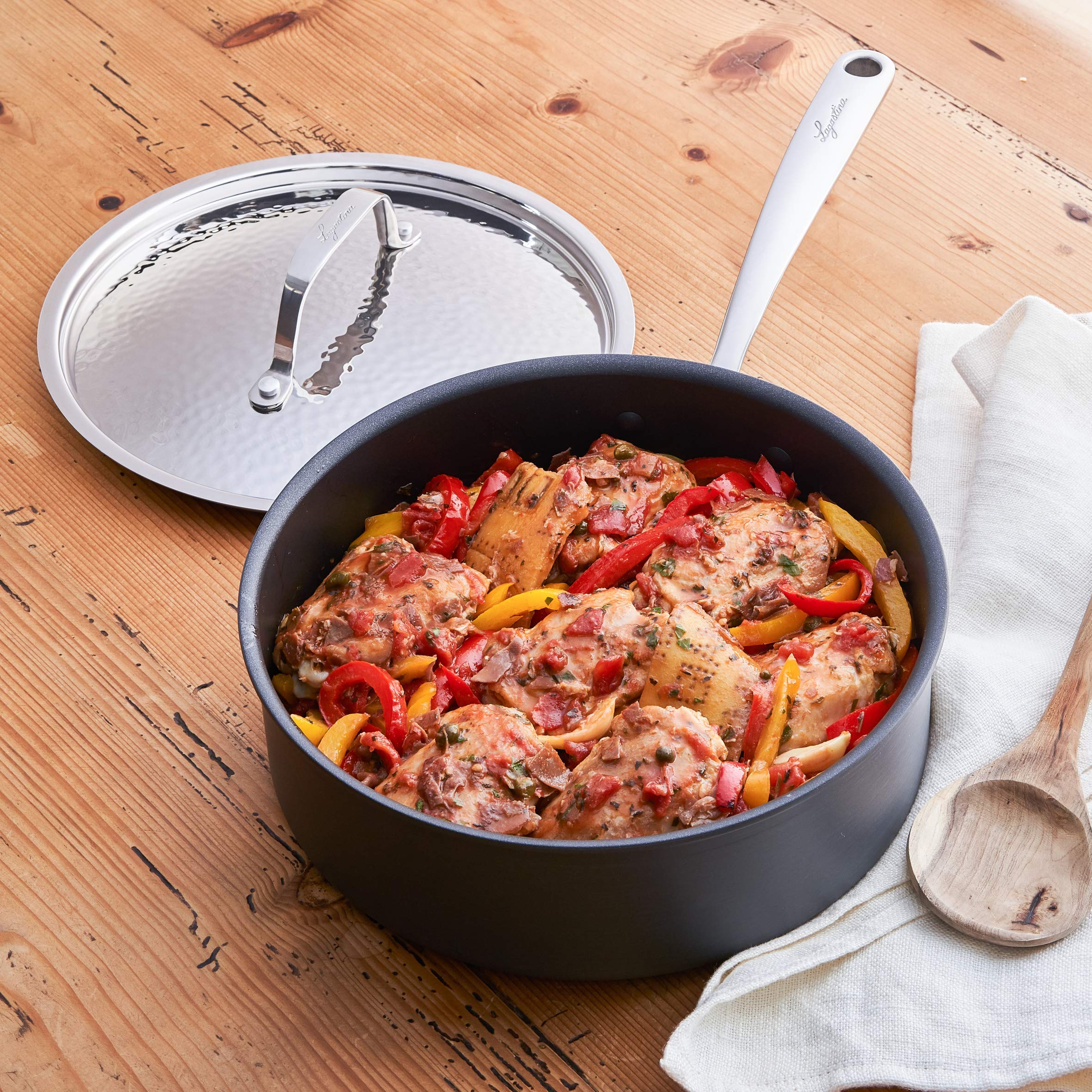 Lagostina Nera Hard Anodized Nonstick 12-Piece Cookware Set with Hammered Stainless Steel Lids, Dishwasher Safe,Grey