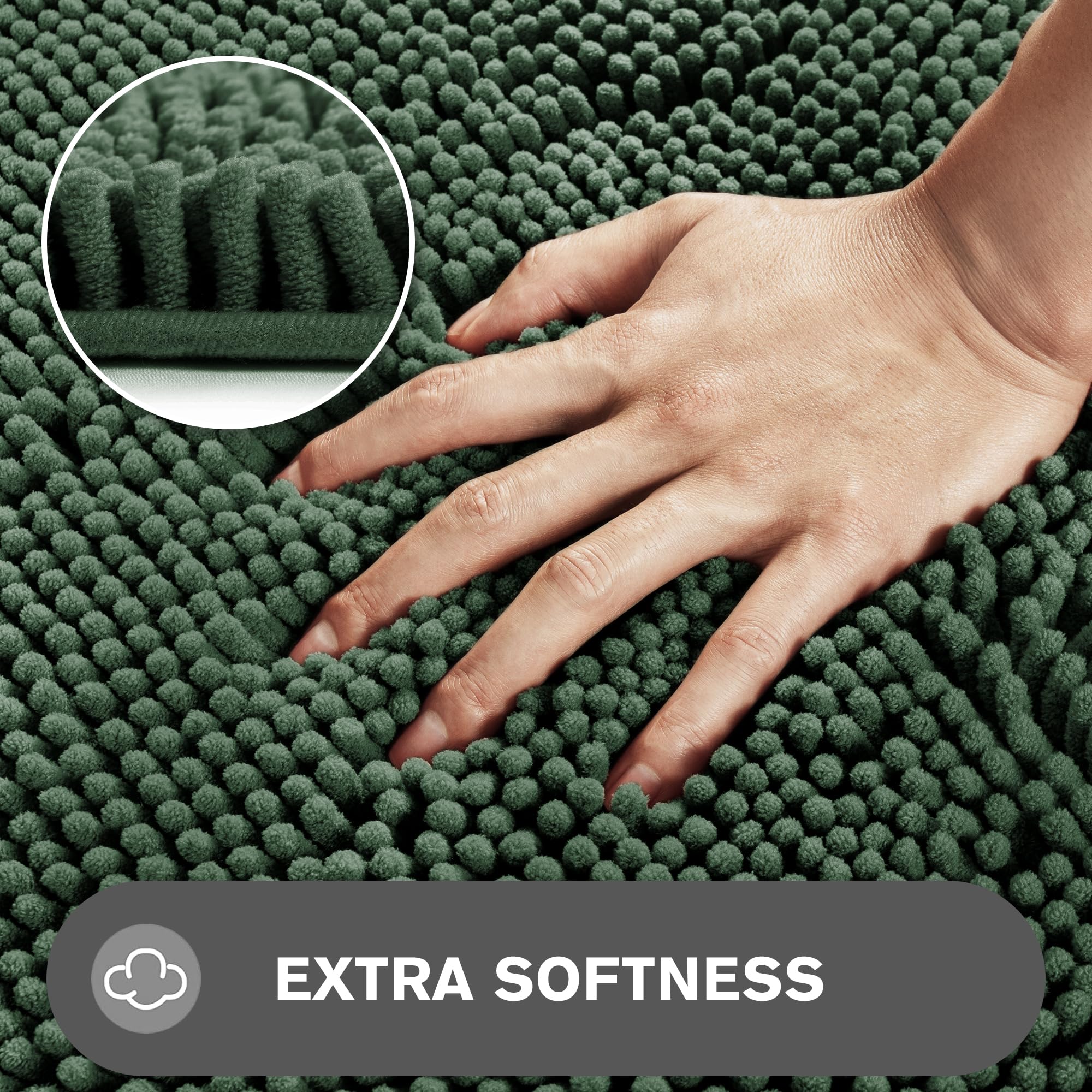 Pureswan Dark Green Bathroom Rugs - Absorbent And Washable Bath Mat, Non-Slip, Thick Soft Chenille Bath Rugs For Bathroom Floor,