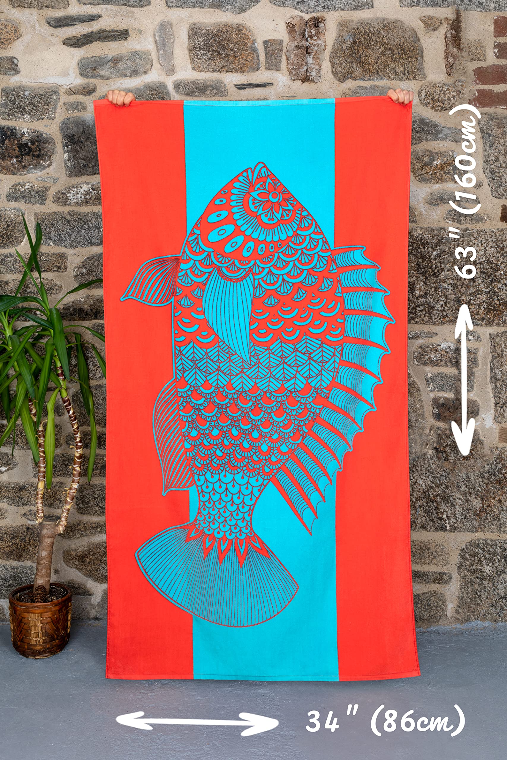 Nova Blue Tropical Fish Beach Towel (34 X 63) - Bright Red & Blue Packable Beach Towel Made from 100% Cotton - Vibrant Colorful Bath Towel - Turquoise Beach Blanket Towel