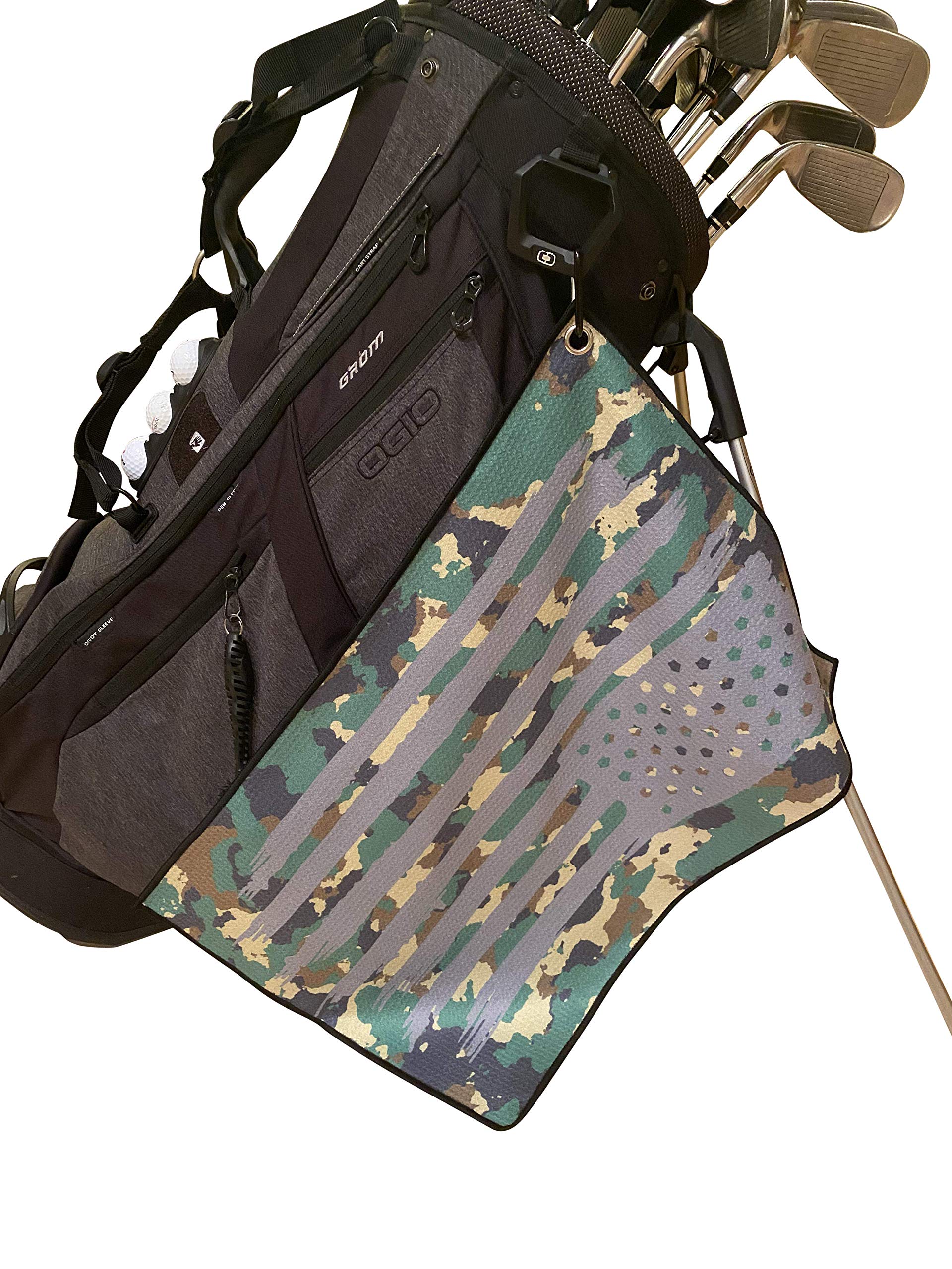 Microfiber Golf Towel - Thin Green Line Military Camo American Flag Graphic Golf Towel with Carabiner