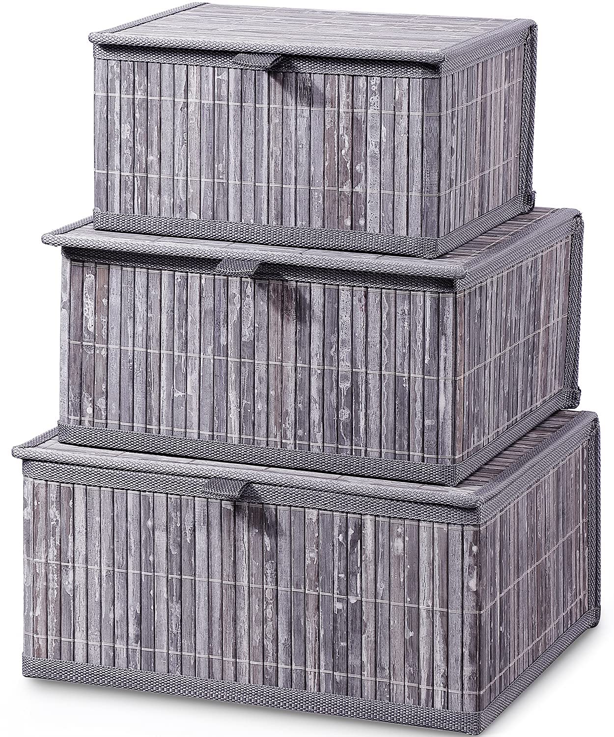 Honygebia Bamboo Decorative Storage Boxes - Set Of 3 Woven Lined Storage Basket With Lids, Grey Marble Wicker Lidded Baskets For