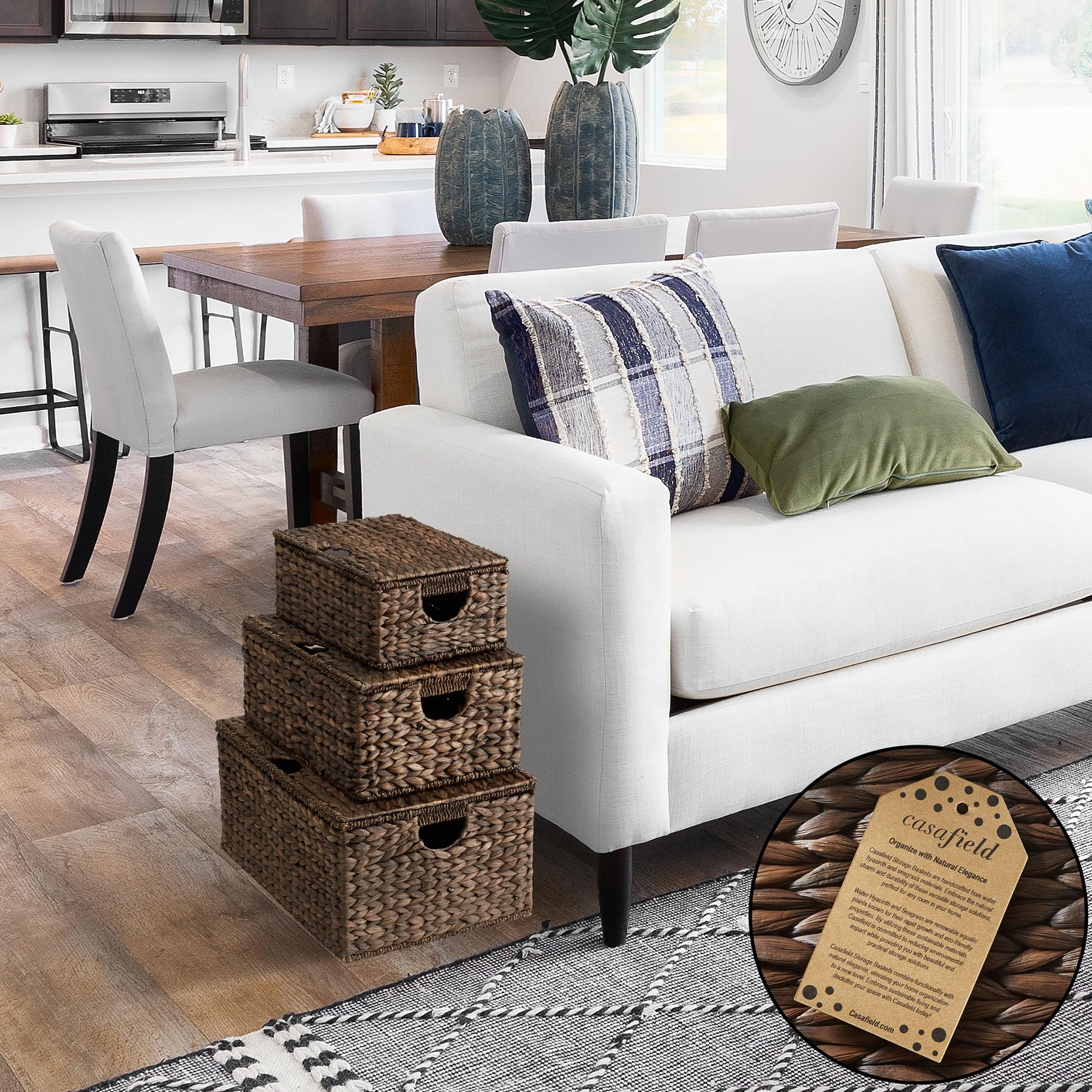 Casafield Set Of 3 Water Hyacinth Rectangular Storage Baskets With Lids (Small/Medium/Large), Multipurpose Decorative Shelf Orga