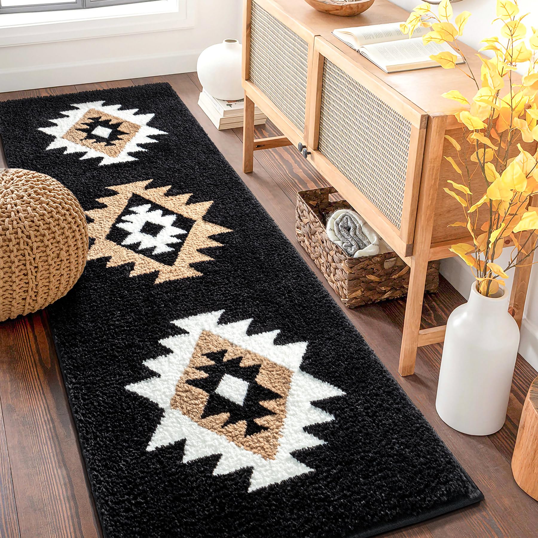 Dexde Boho Bathroom Rugs Black Aztec Bath Mat Non Slip Long Bathroom Rug Runner Luxury Soft Absorbent Carpet For Bathroom Shower