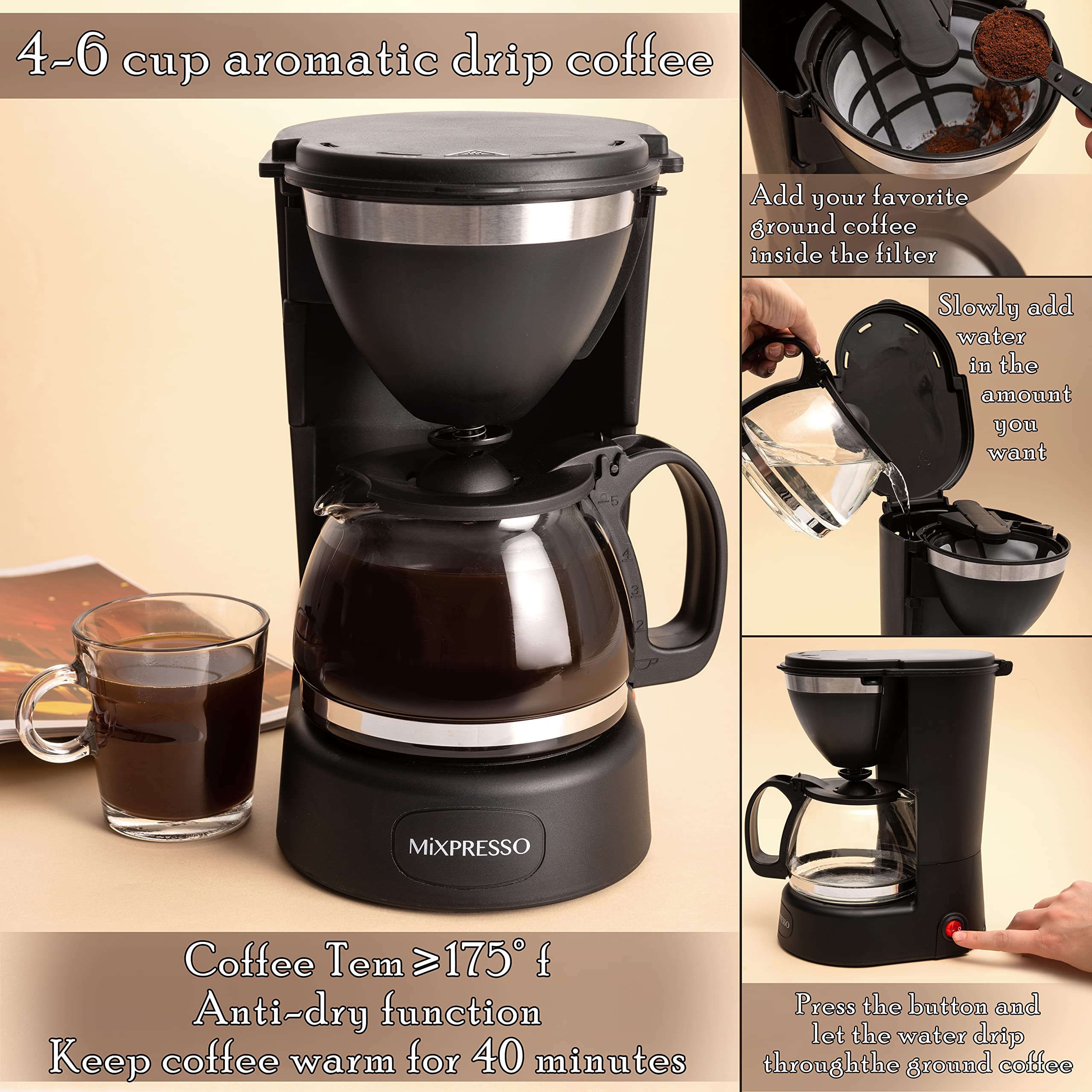 Mixpresso 5 Cup Coffee Maker 25 Oz, Mini Coffee Pot With Removable & Reusable Coffee Filter, Compact 5-Cup Drip Coffee Maker, El
