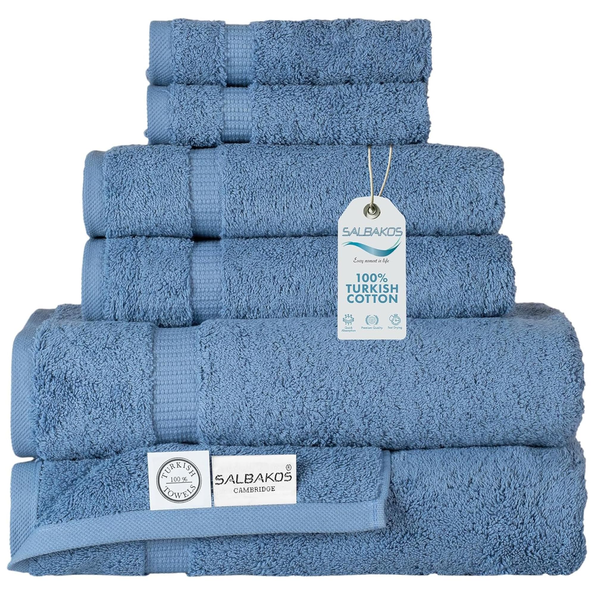 Salbakos - Luxury 6 Piece Towel Set, 100% Turkish Cotton, Quick Drying, Highly Absorbent & Comfy, Includes 2 Bath Towels, 2 Hand