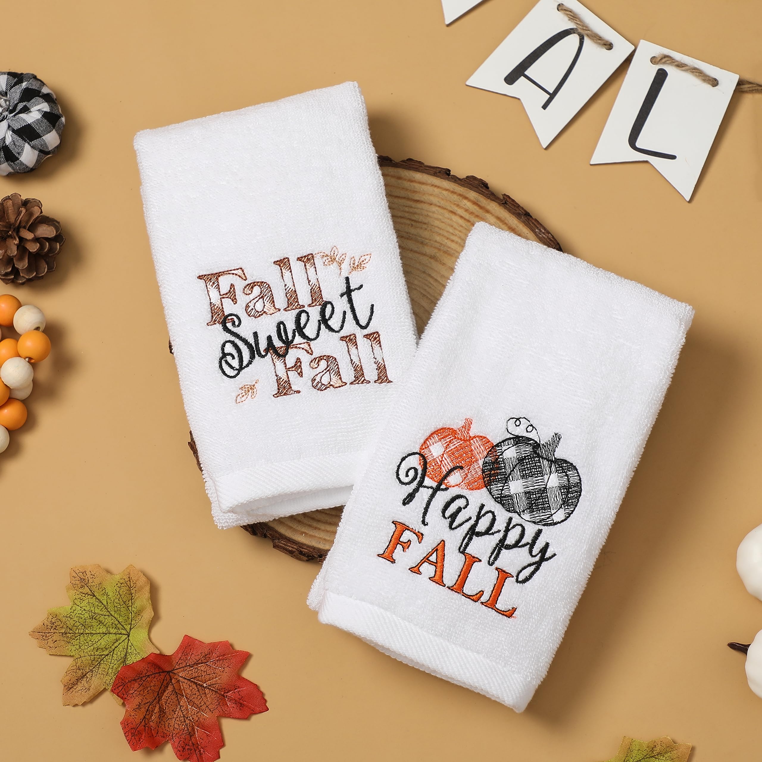 Newlighture Fall Hand Towels Set Of 2 - 100% Cotton Embroidered Pumpkin Decorative Kitchen And Bathroom Dish Towels, Thanksgivin