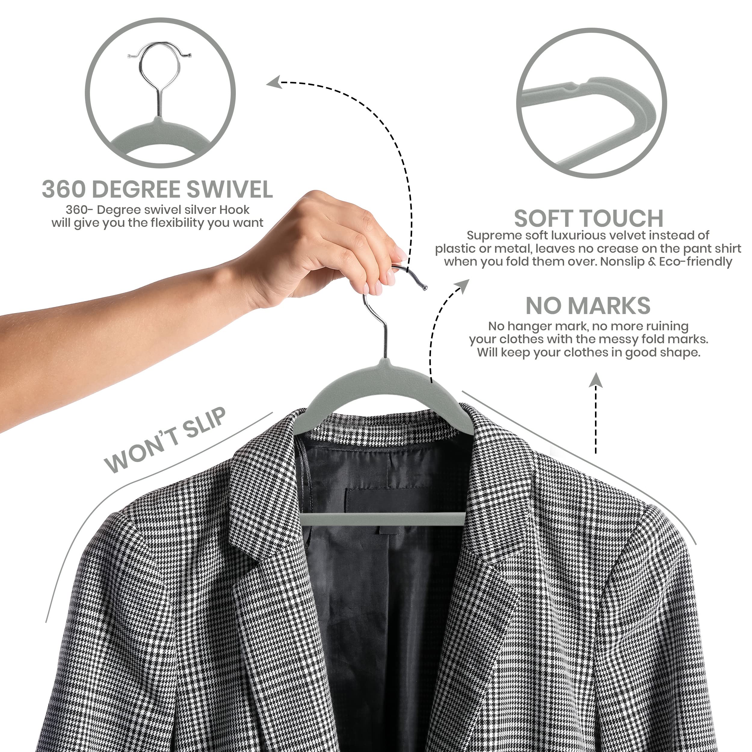 Utopia Home Velvet Hangers 20 Pack - Non-Slip Clothes Hangers - Grey Hangers - Suit Hangers With 360 Degree Rotatable Hook - Hea