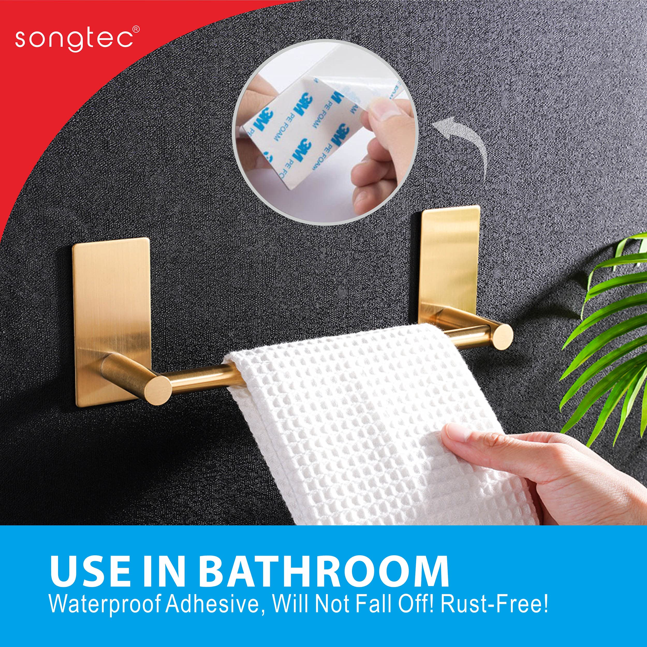 Songtec Gold Towel Bar 9-Inch, Adhesive Bath Towel Rack No Drill, Strong Adhesion Tape Mount Towel Holder, Stainless Steel - Bru