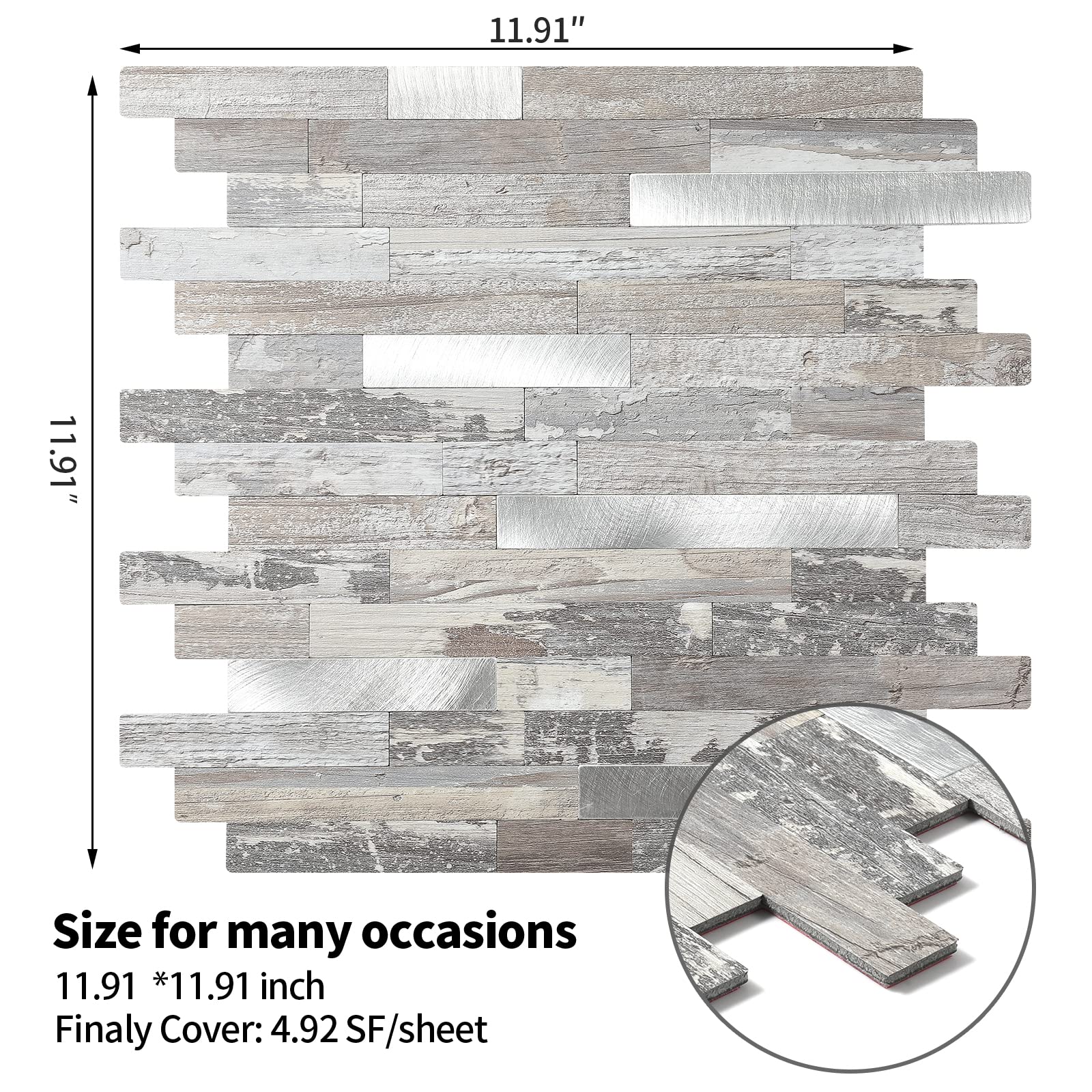 5 - Sheets Peel and Stick Wood Metal Tile Backsplash, Stick on Tiles for Backsplash Kitchen, Bathroom, Laundry Room, Camper, Fir