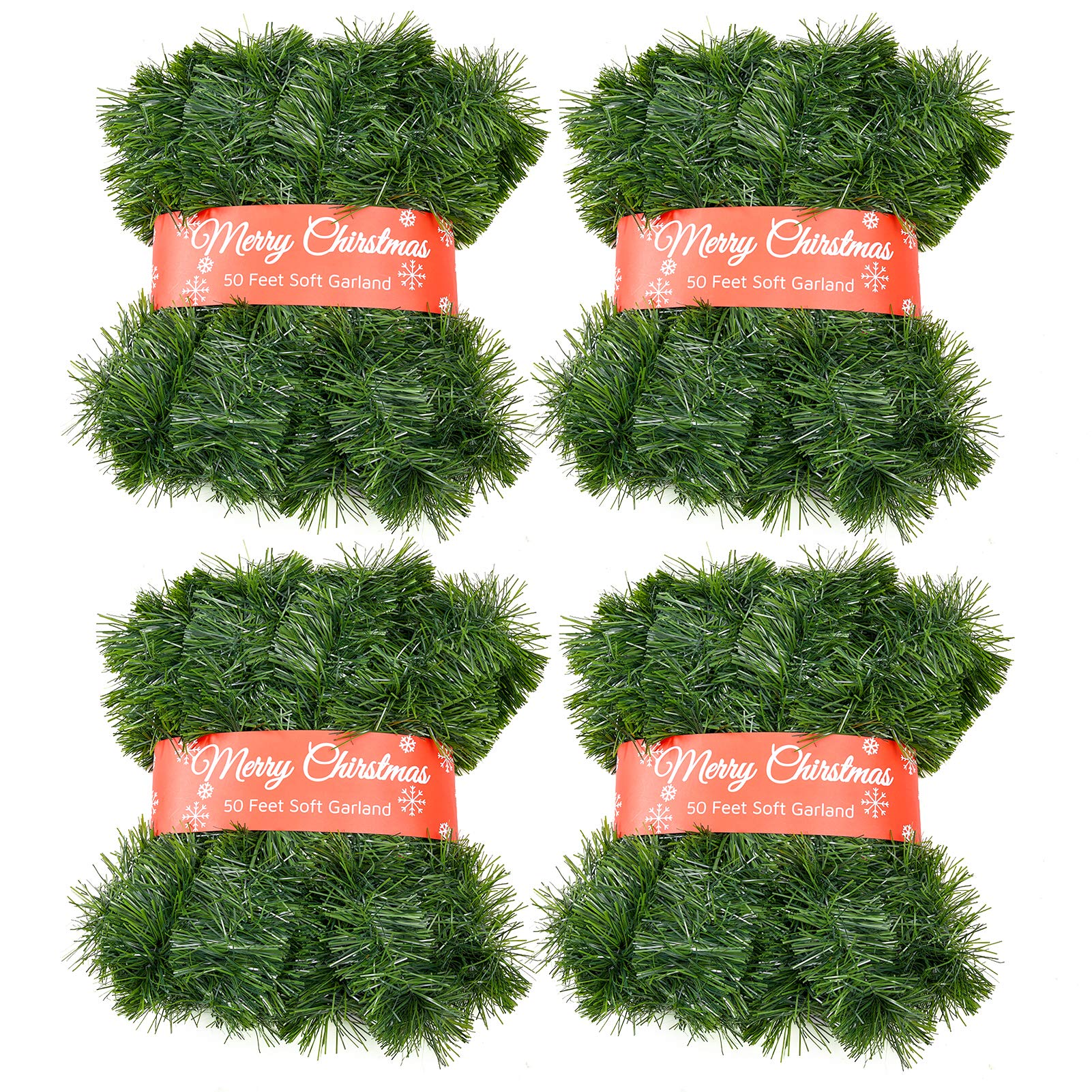 4 Pack 50 Foot Soft Christmas Garland, Non-lit Christmas Garland Ideal for Indoor and Outdoor Decor, Green Tinsel Garland for Ho